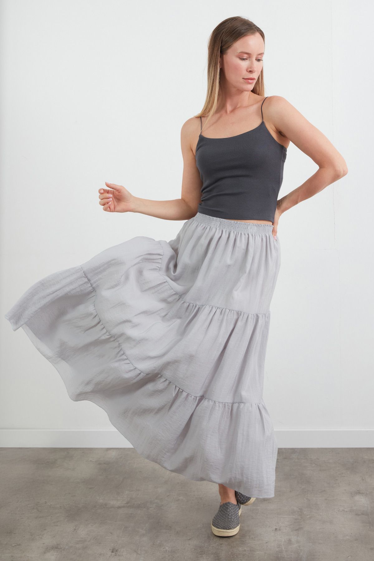 Fulla Moda Beli Lastikli Krep Kumaş Etek