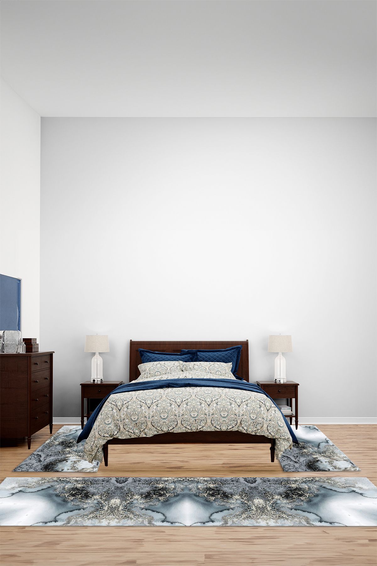 Viyana Home Dijital Kaymaz Mermer Zeminli Modern Yıkanabilir Üçlü Yatak Odası Halısı, YO-MERMER-114-TURKUAZ,