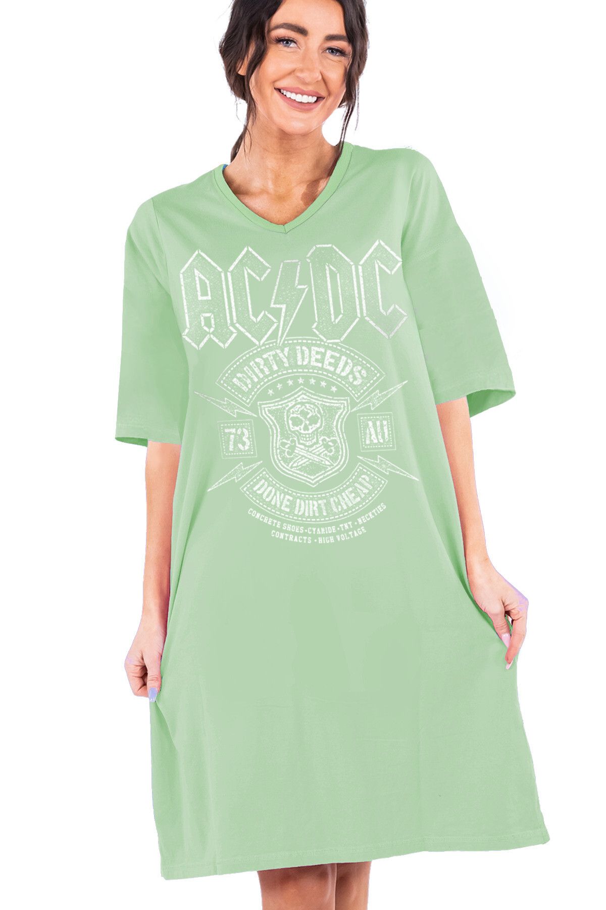 ROCKANDROLL Karlı Acdc Açık Yeşil V Yaka Yarım Kol Diz Boyu Rahat Ev Elbisesi Gecelik