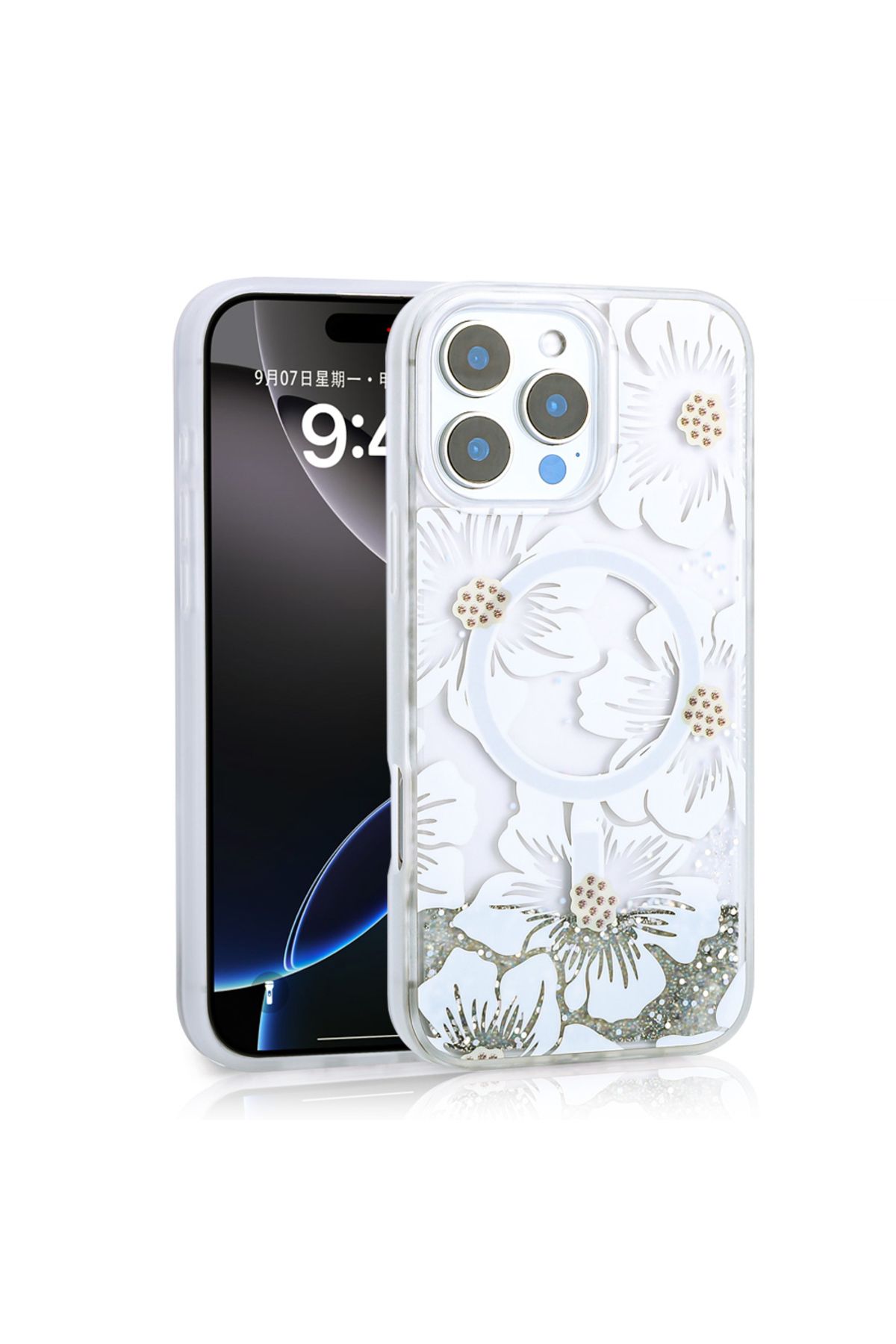 Megafox Teknoloji Apple iPhone 16 Pro Uyumlu Kılıf Sıvılı Simli Baskılı Şeffaf Arka Yüzey Zore Mossa Silikon Kapak