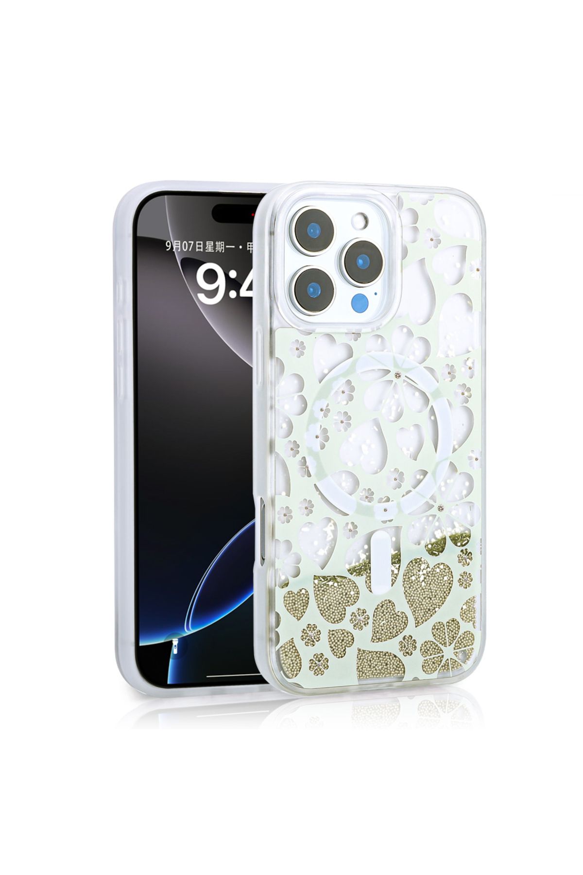 Megafox Teknoloji Apple iPhone 16 Pro Max Uyumlu Kılıf Sıvılı Simli Baskılı Şeffaf Arka Yüzey Zore Mossa Silikon Kapa
