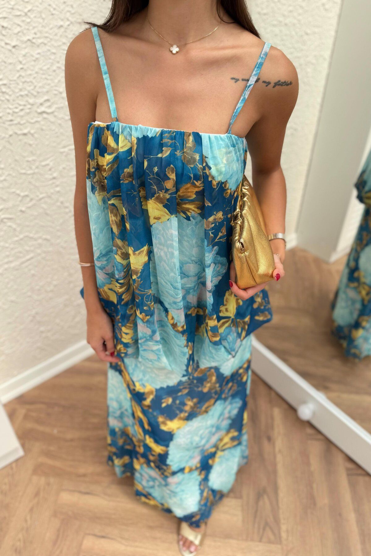 Julidress Desenli Katlı Tasarım Premium Şifon Elbise