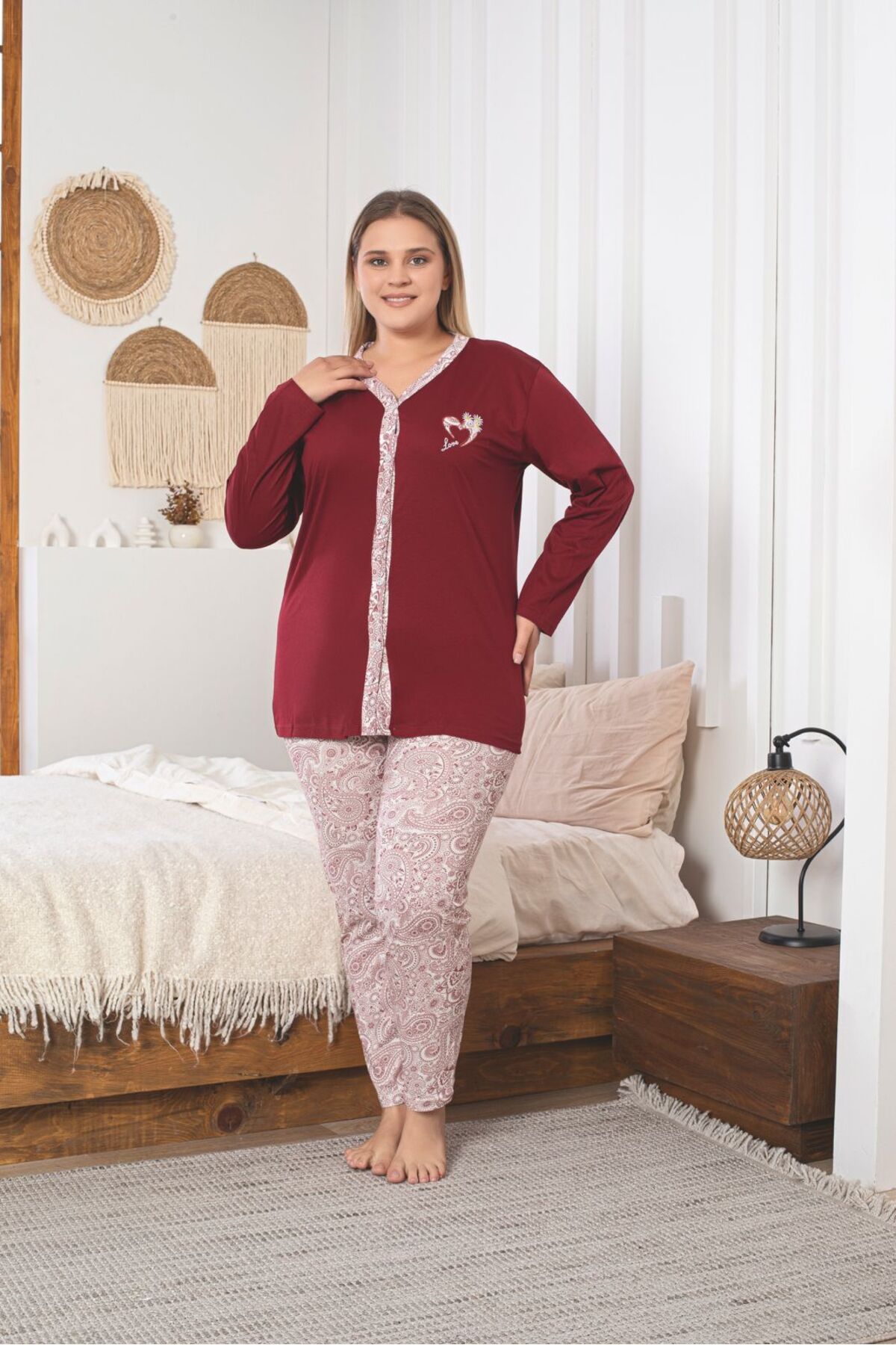 Asel Büyük Beden Uzun Kol Boydan Düğmeli Pamuklu Kumaş Pijama Takım