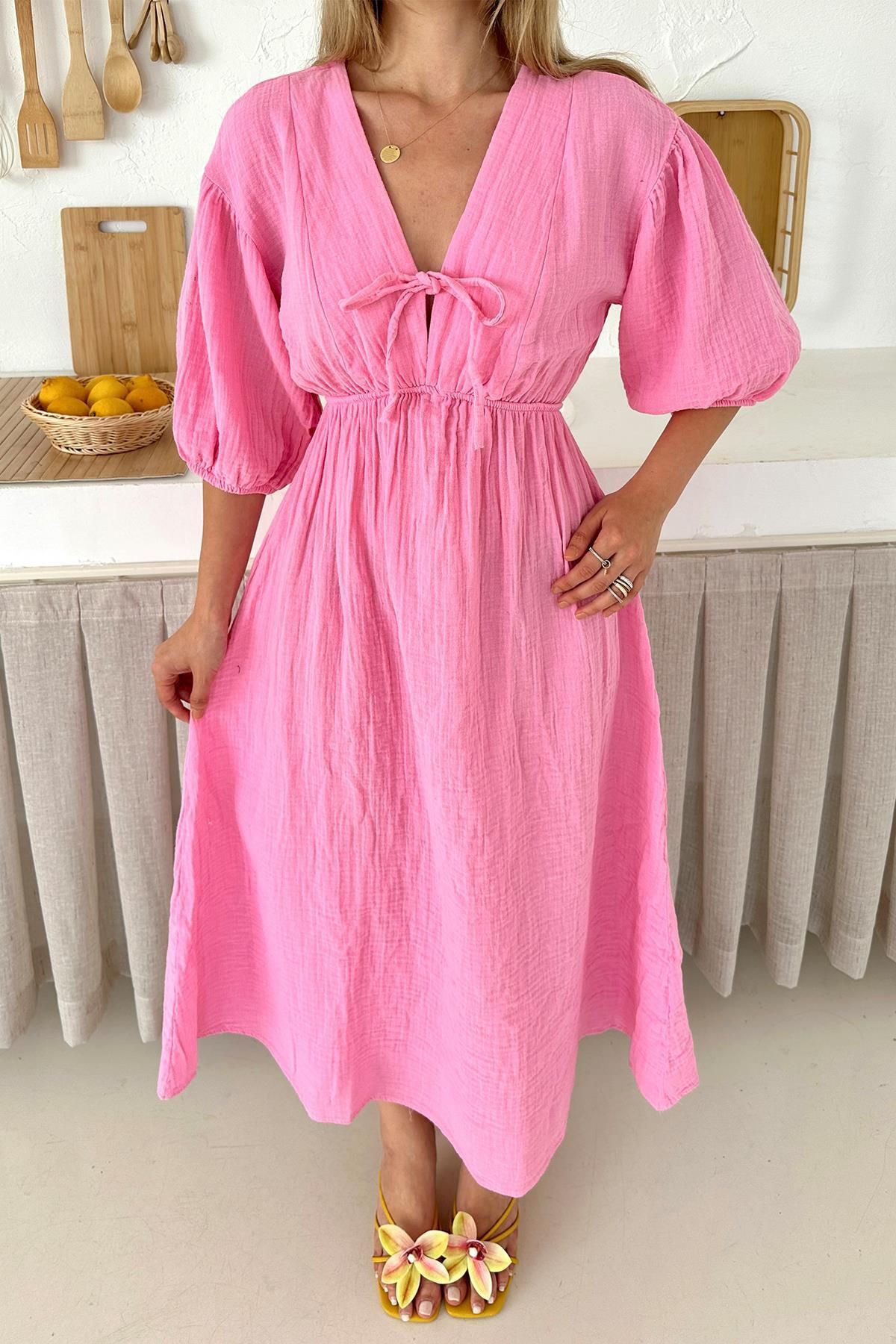 Olcay-Rochie de muselina cu jumatate de maneca cu talie elastica si detaliu de siret ROSA 9331-E 7