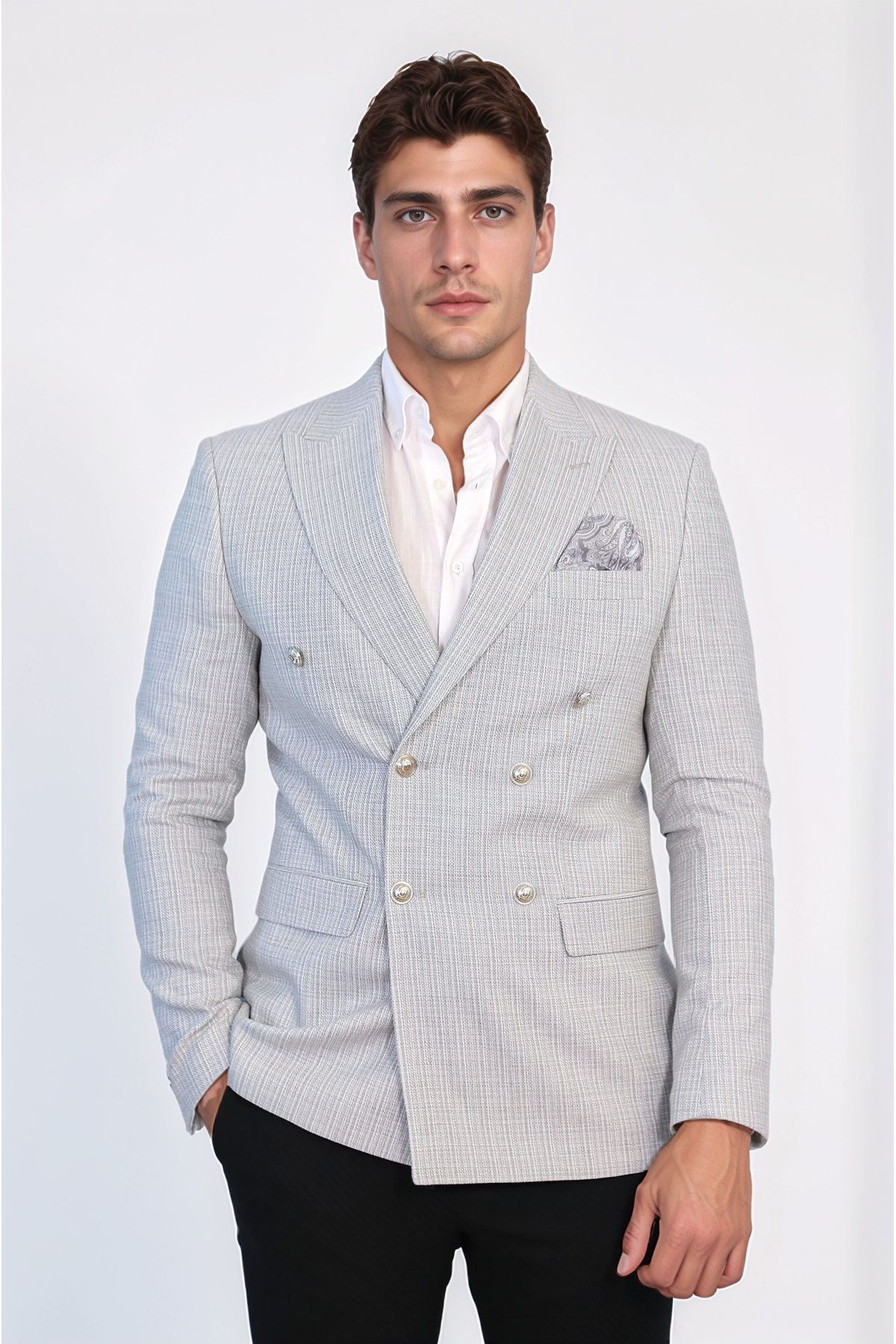Wessi Gri Pötikare Desenli Gümüş Rengi Metal Düğmeli Slim Fit Kruvaze Blazer – Wessi
