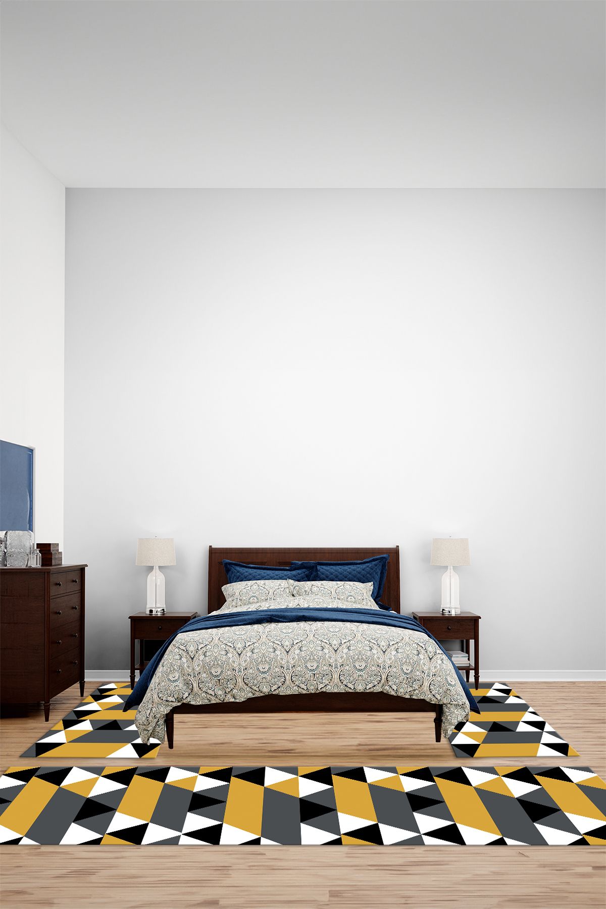 Viyana Home Modern Dijital Kaymaz Sade Üçgen Model Yıkanabilir Üçlü Yatak Odası Halısı, YO-MODERN-272-SARI,