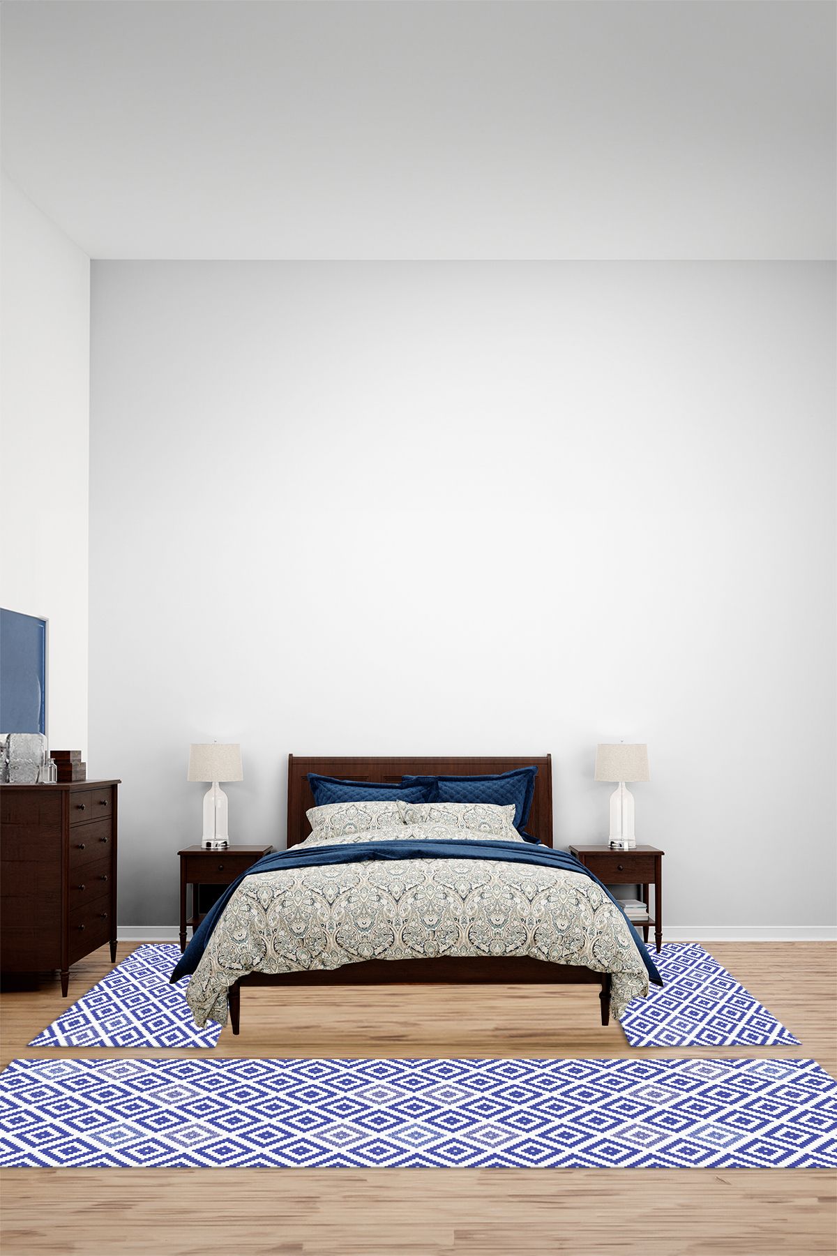 Viyana Home Modern Kaymaz Simetrik Kare Model Yıkanabilir Üçlü Yatak Odası Halısı, YO-MODERN-231-LACİVERT,
