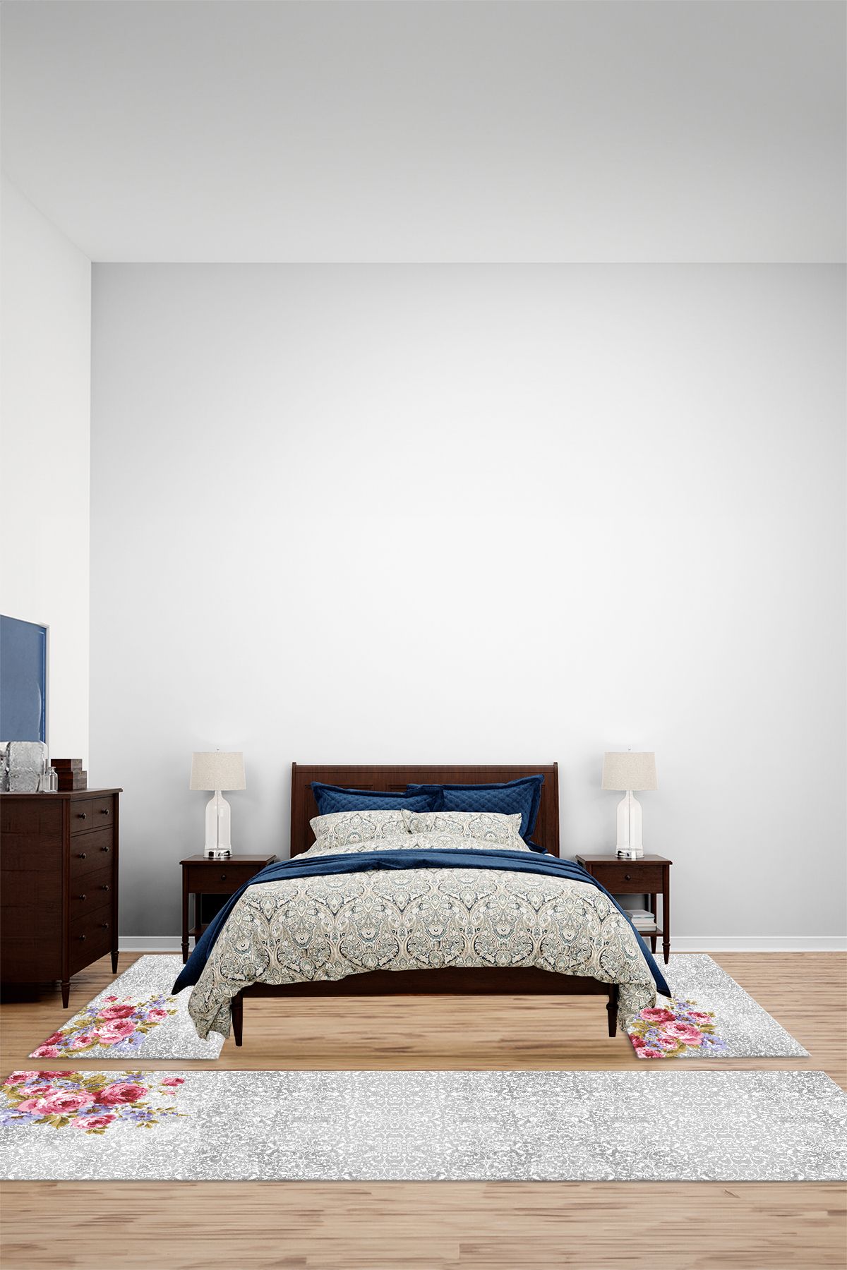 Viyana Home Modern Dijital Kaymaz Renkli Çiçek Model Yıkanabilir Üçlü Yatak Odası Halısı, YO-MODERN-253-GRİ,