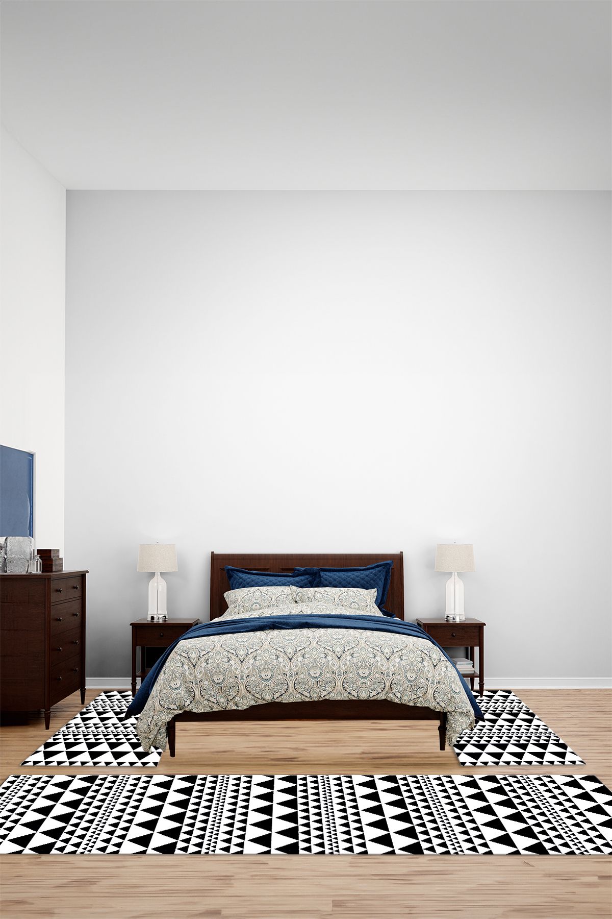 Viyana Home Modern Dijital Kaymaz Taban Üçgen Desenli Yıkanabilir Üçlü Yatak Odası Halısı, YO-MODERN-234-BEYAZ,