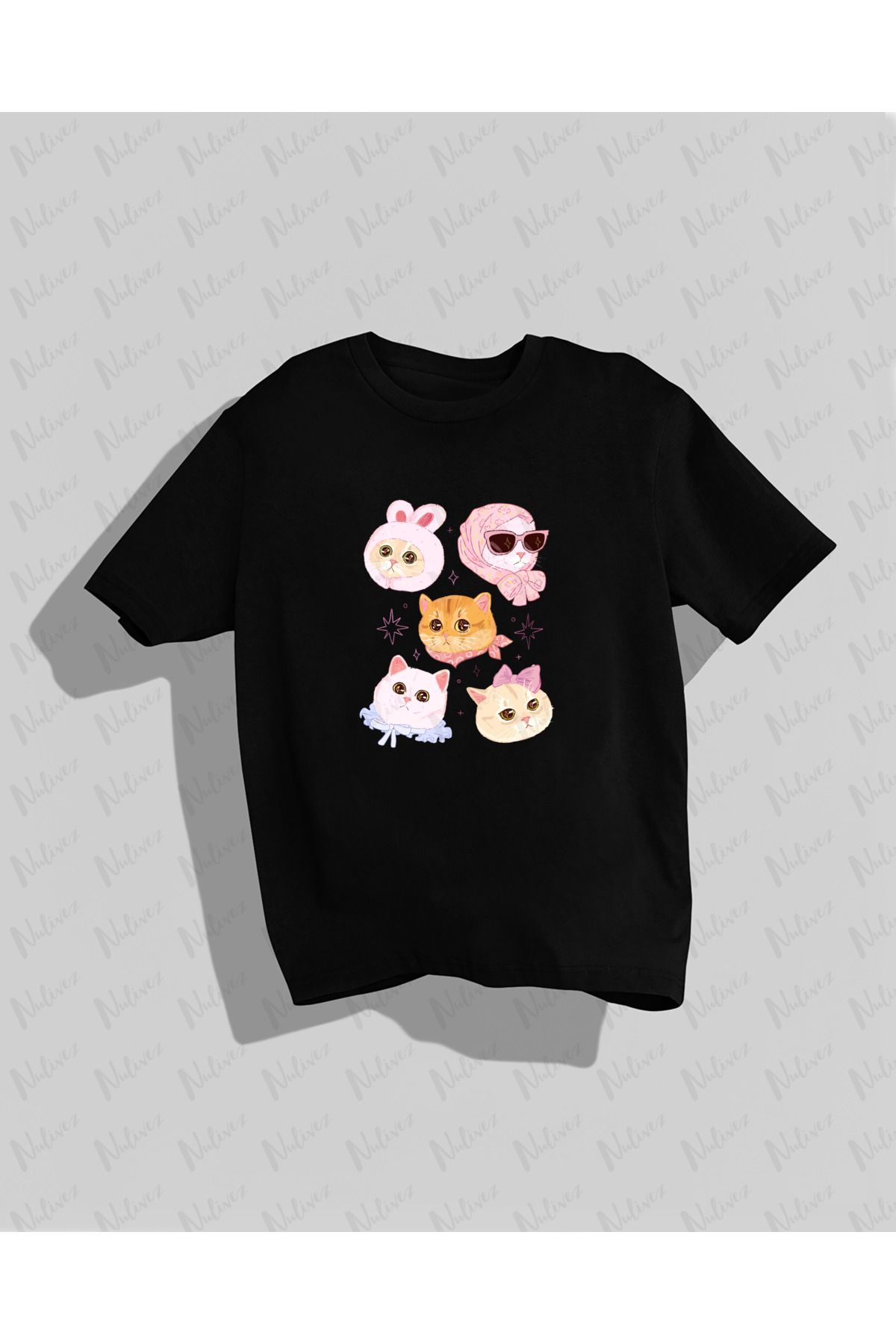 Nulivez Kedi Tasarımı Baskılı Yüksek Kalite Kompakt Unisex Oversize T-Shirt