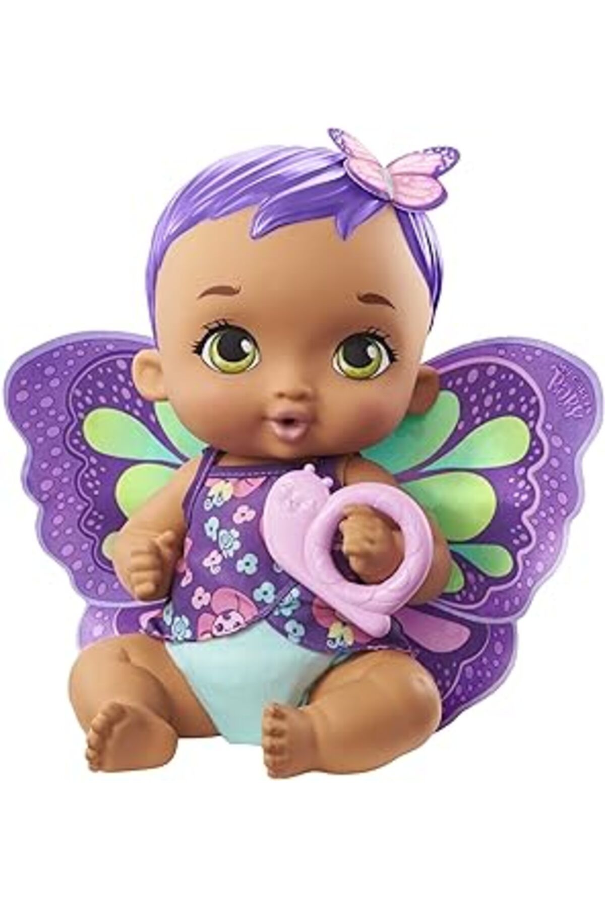Mu Art Ahşap My Garden Baby Kelebek Bebeğimin Bakım Zamanı - Mor Saçlı Bebek (30 Cm), Tekrar Kullanılabilir Bez,