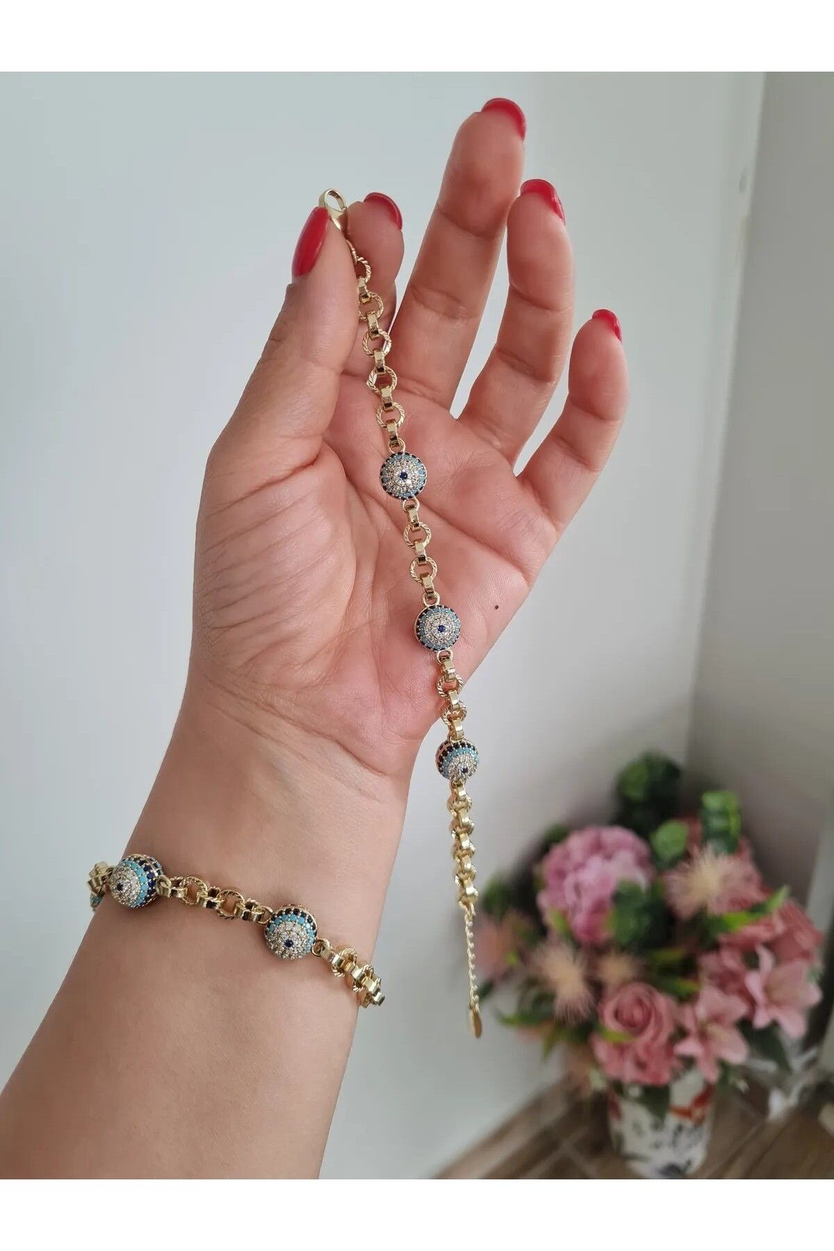 ZıpZıpBox 14K Altın Vip Seri Altın Renk Zirkon Taşlı Nazarlı Bileklik Kadın Bileklik