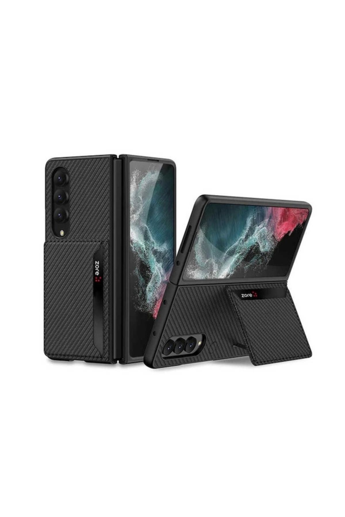 Megafox Teknoloji Samsung Galaxy Z Fold 4 Uyumlu Kılıf Karbonfiber Arka Yüzey Kartlıklı Kıpta Silikon Kapak