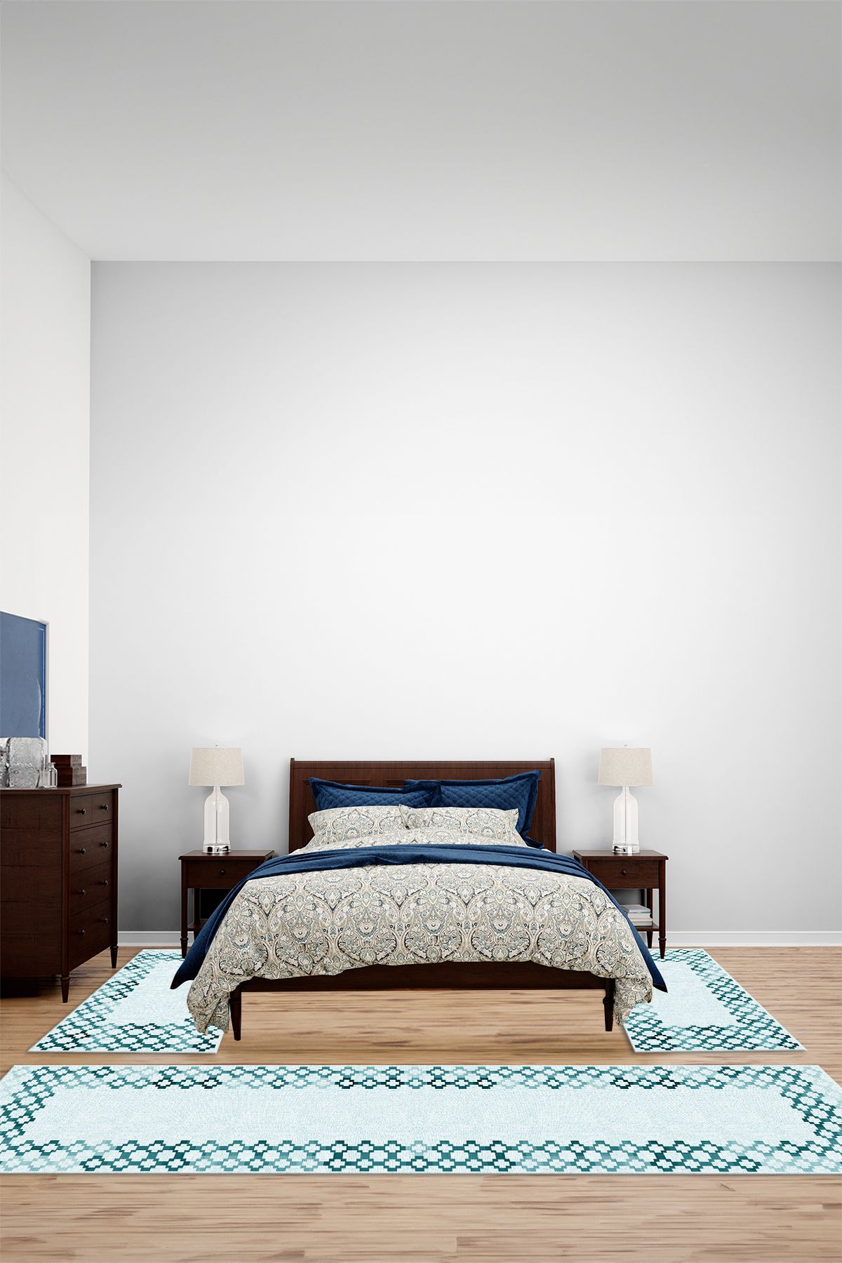 Viyana Home Modern Dijital Kaymaz Taban Etnik Desen Yıkanabilir Üçlü Yatak Odası Halısı, YO-MODERN-259-MAVİ,
