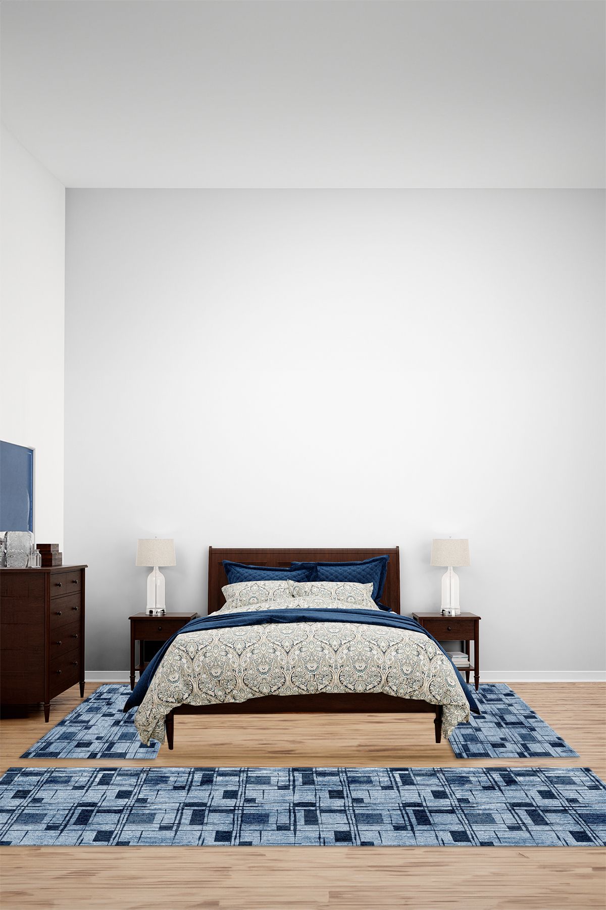 Viyana Home Modern Dijital Kaymaz Taban Kare Model Yıkanabilir Üçlü Yatak Odası Halısı, YO-MODERN-237-LACİVERT,