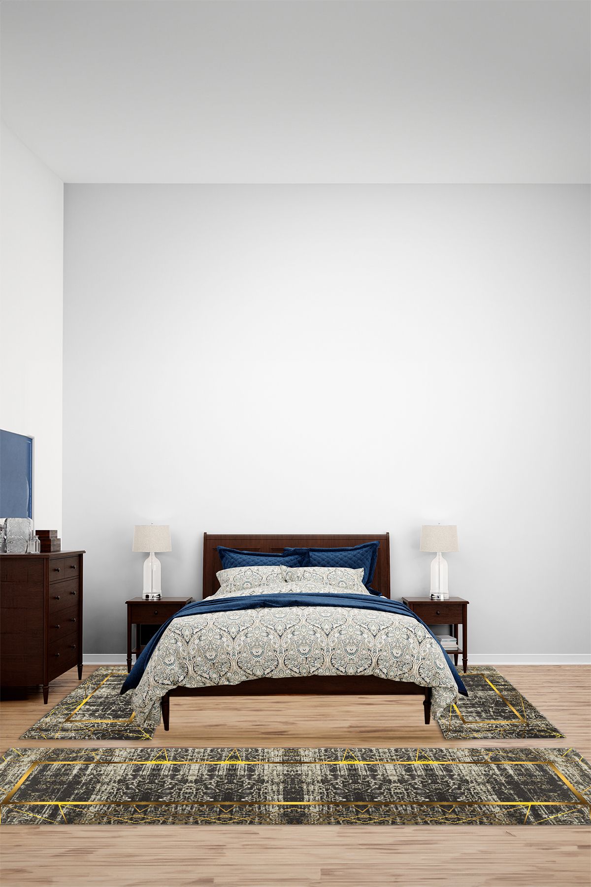 Viyana Home Modern Dijital Kaymaz Boyalı Çerçeve Yıkanabilir Üçlü Yatak Odası Halısı, YO-MODERN-307-GOLD,