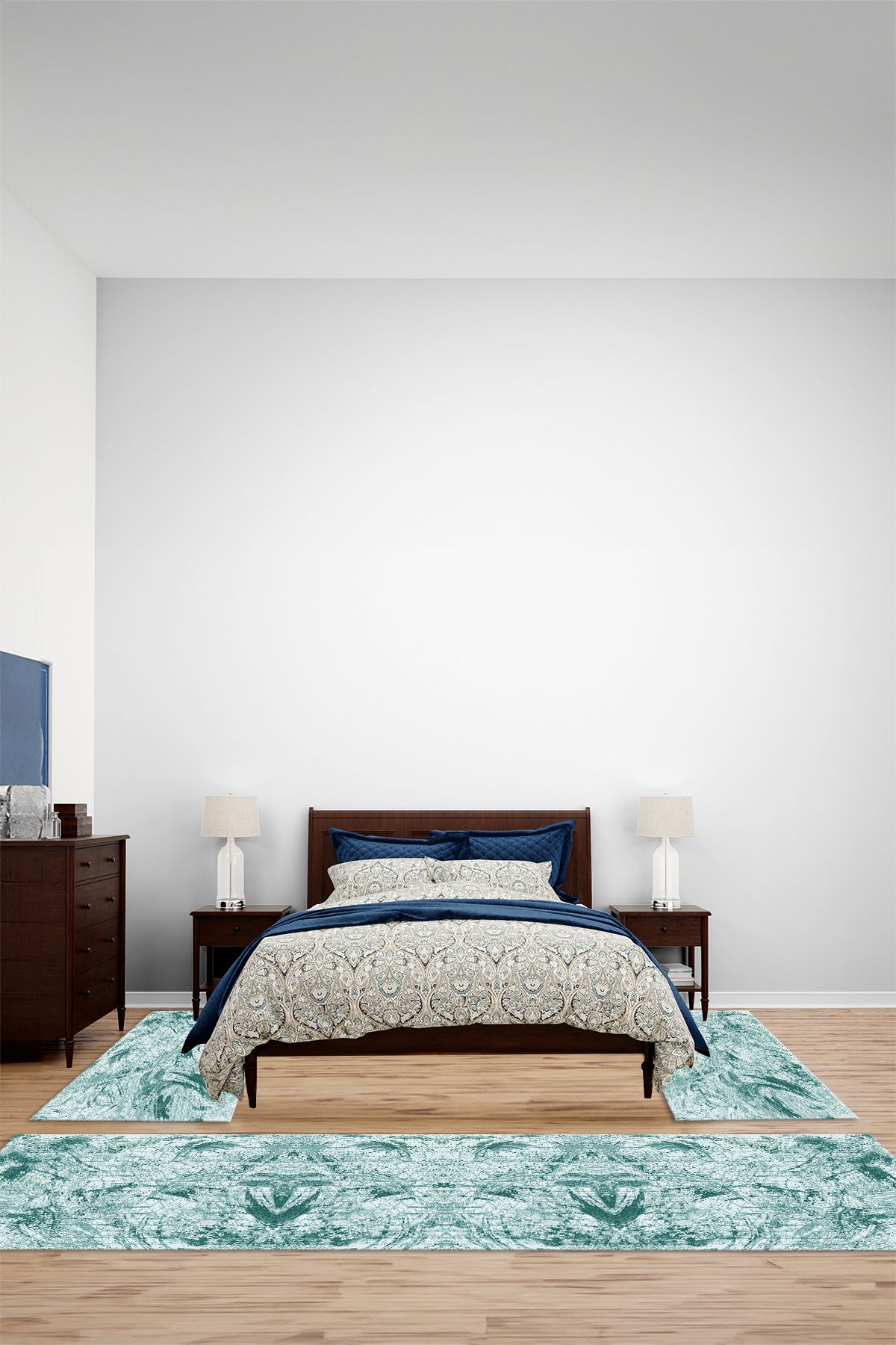 Viyana Home Modern Dijital Kaymaz Soluk Küp Model Yıkanabilir Üçlü Yatak Odası Halısı, YO-MODERN-302-TURKUAZ,