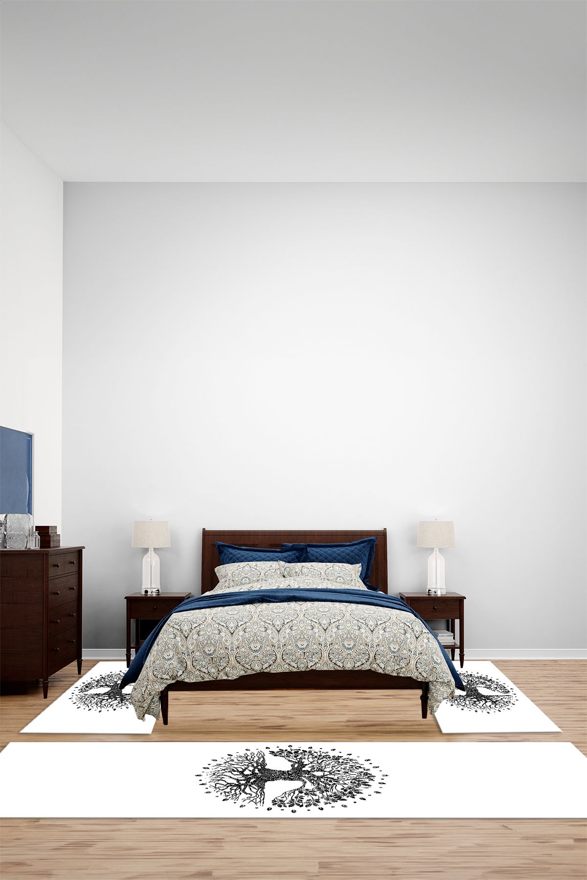 Viyana Home Modern Dijital Kaymaz Ağaç Desenli Yıkanabilir Üçlü Yatak Odası Halısı, YO-MODERN-254-BEYAZ,
