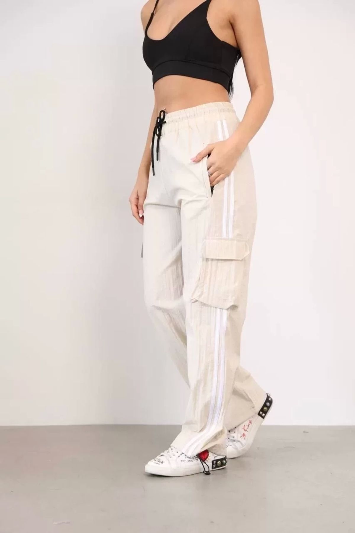 AE Stil Paraşüt Kumaş Kargo Ceplı Baggy Eşofman - Bej