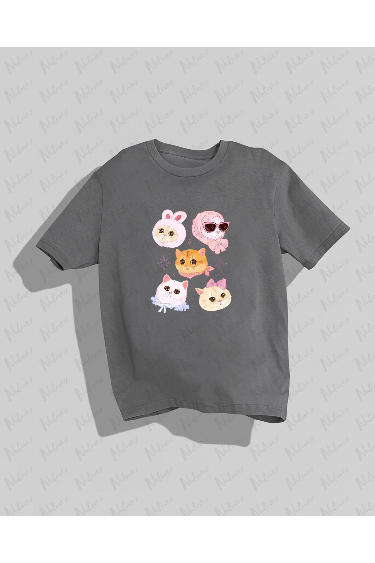 Nulivez Kedi Tasarımı Baskılı Yüksek Kalite Kompakt Unisex Oversize T-Shirt