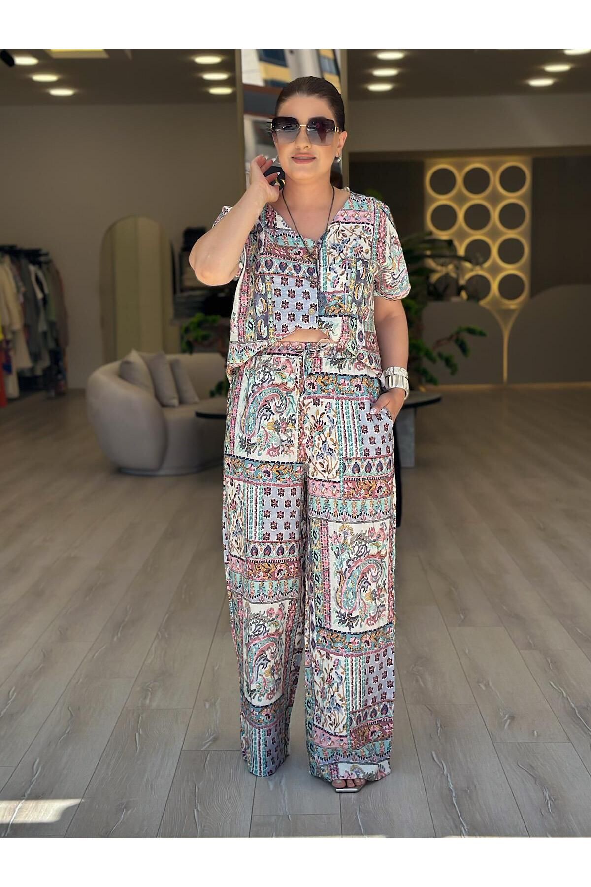 MELTEM TUĞAN Etnik Desenli Geniş Paça Pantolon YEŞİL
