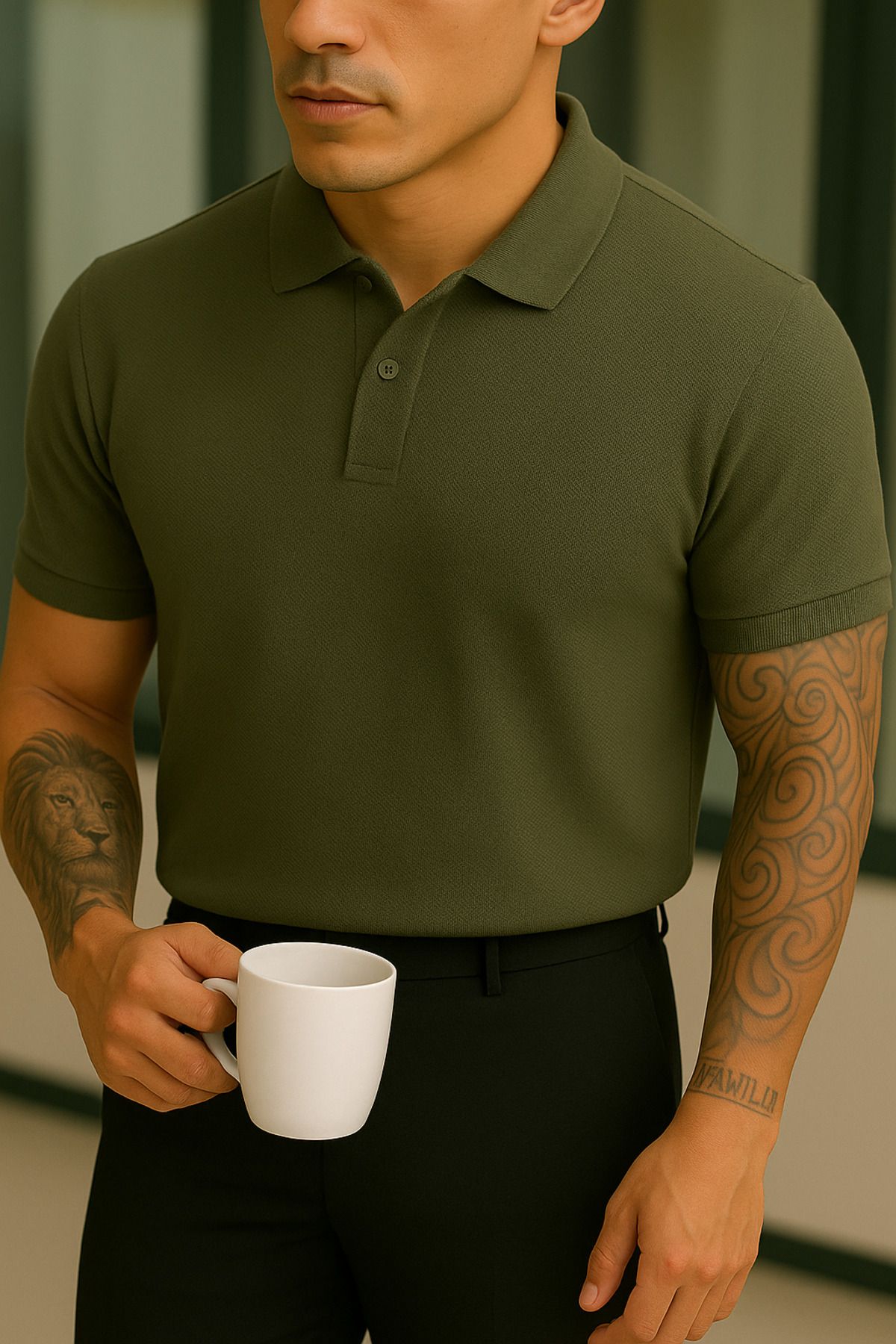 Buteks Unisex Haki Spor Düğmeli Pamuklu Casual Kısa Kollu Regular Fit Polo T-shirt