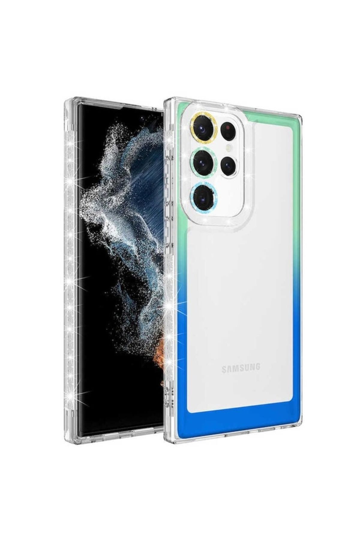 Megafox Teknoloji Samsung Galaxy S22 Ultra Uyumlu Kılıf Simli ve Renk Geçiş Tasarımlı Lens Korumalı Park Kapak