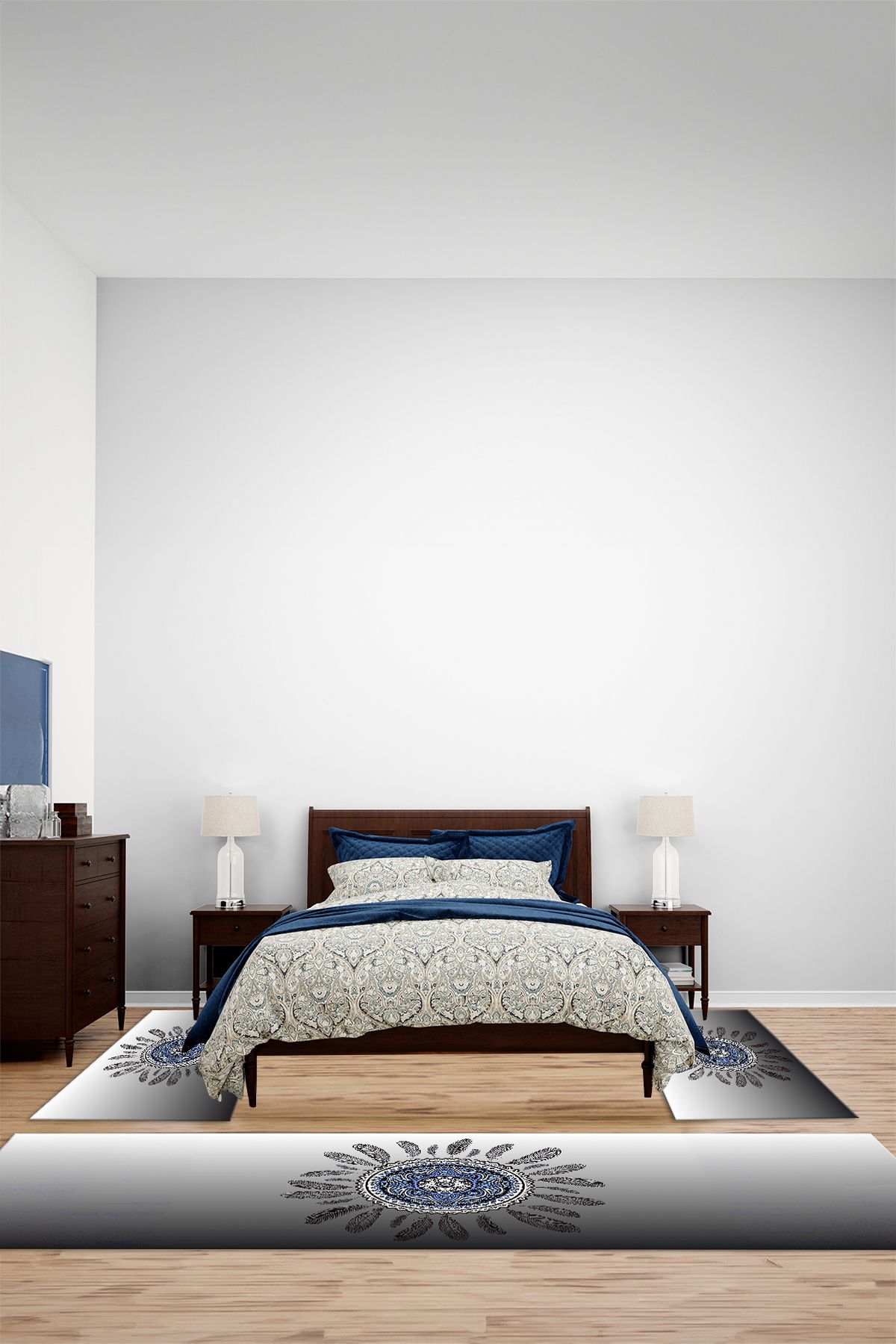 Viyana Home Modern Dijital Kaymaz Klasik Desen Yıkanabilir Üçlü Yatak Odası Halısı, YO-MODERN-317-MAVİ,