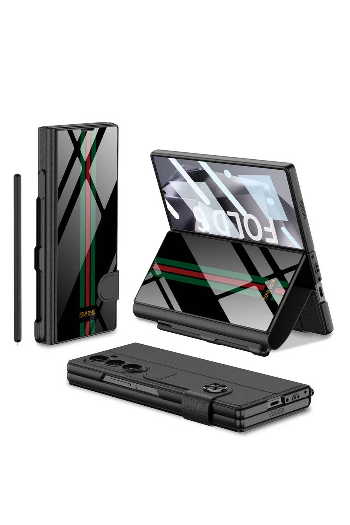 Megafox Teknoloji Samsung Galaxy Z Fold 6 Uyumlu Kılıf Kamera Korumalı Kartlıklı Kalem Bölmeli Zore Kıpta Çizgili Dr