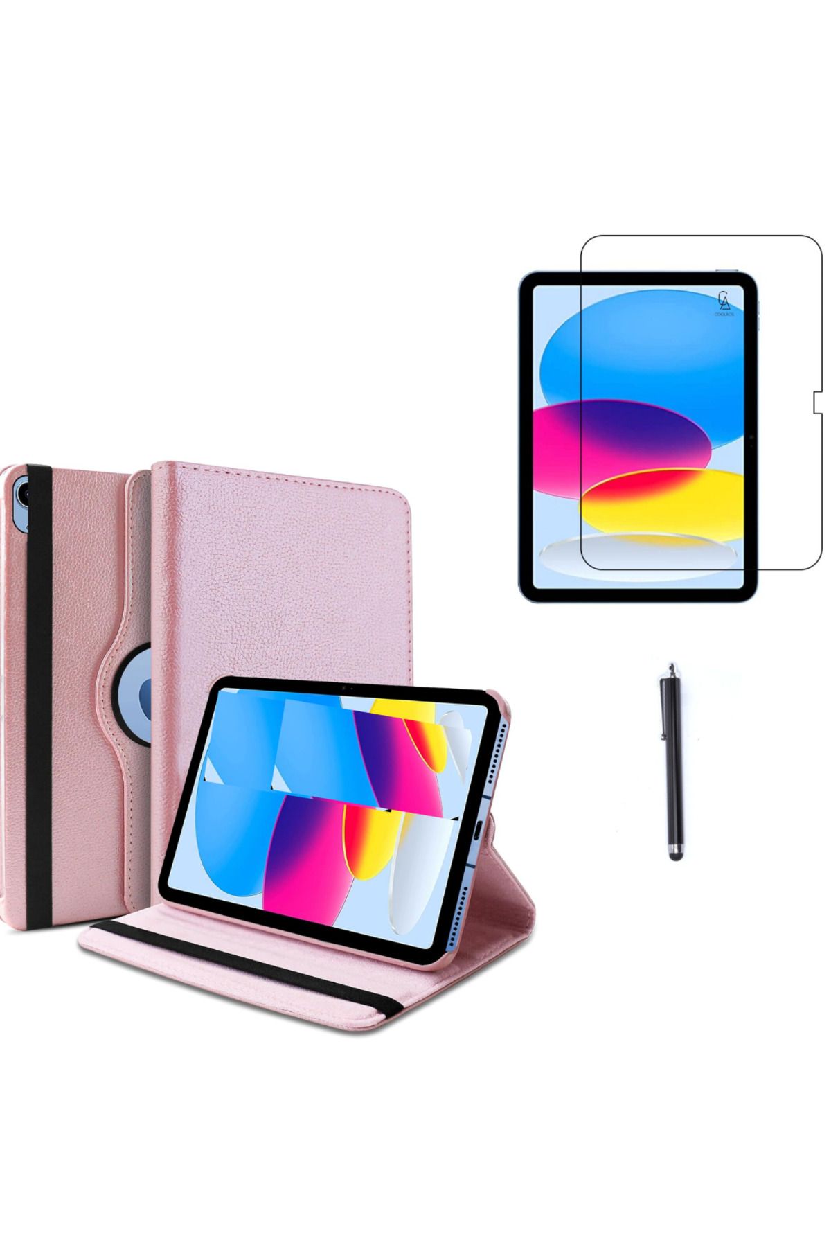 Coolacs Apple iPad A16 11.nesil (A3354-A3355) Dönebilen Tablet Kılıfı + Ekran Koruyucu + Tablet Kalemi