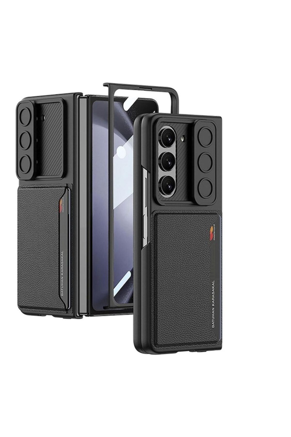 Megafox Teknoloji Samsung Galaxy Z Fold 5 Uyumlu Suni Deri Arka Yüzey Sürgülü Kamera Korumalı Kartlıklı Kıpta Silikon
