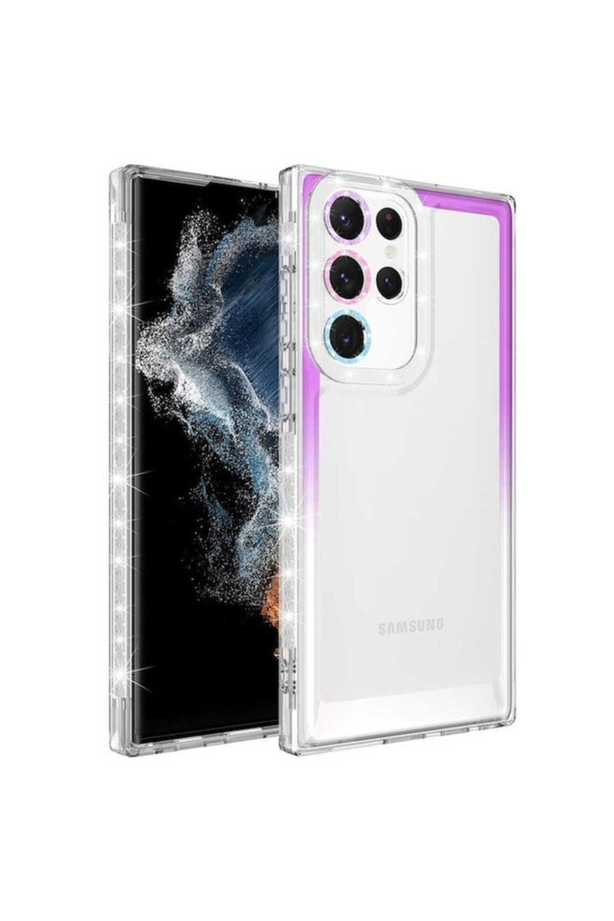 Megafox Teknoloji Samsung Galaxy S22 Ultra Uyumlu Kılıf Simli ve Renk Geçiş Tasarımlı Lens Korumalı Park Kapak
