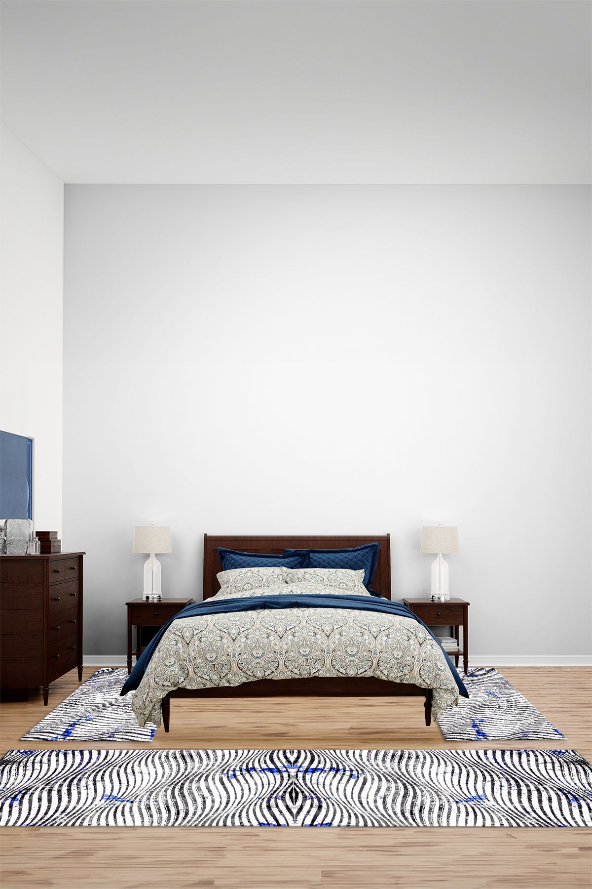 Viyana Home Modern Dijital Kaymaz Zebra Çizgi Model Yıkanabilir Üçlü Yatak Odası Halısı, YO-MODERN-273-MAVİ,