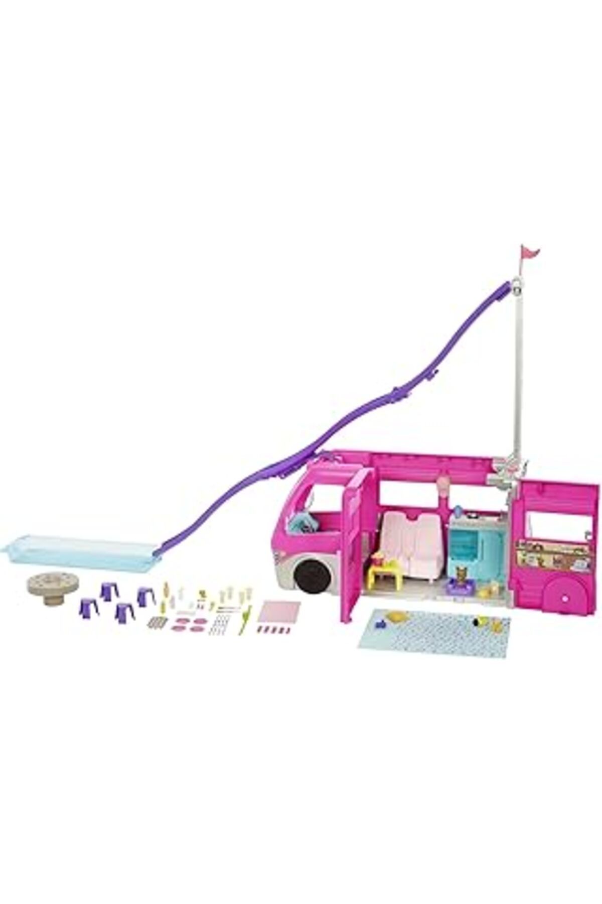 Mu Art Ahşap Barbie'Nin Yeni Rüya Karavanı 76 Cm Yükseklik, Havuz, Kaydırak Ve 60'Tan Fazla Aksesuar Hcd46