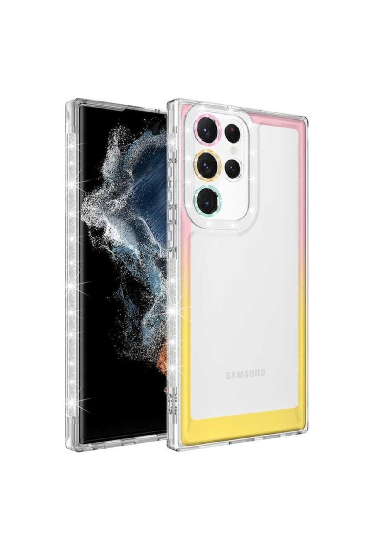 Megafox Teknoloji Samsung Galaxy S22 Ultra Uyumlu Kılıf Simli ve Renk Geçiş Tasarımlı Lens Korumalı Park Kapak