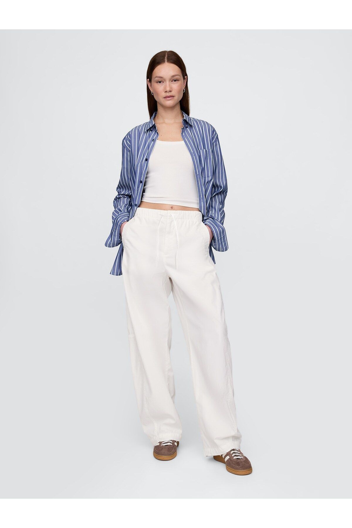GAP Kadın Beyaz Mid Rise Barrel Paraşüt Pantolon