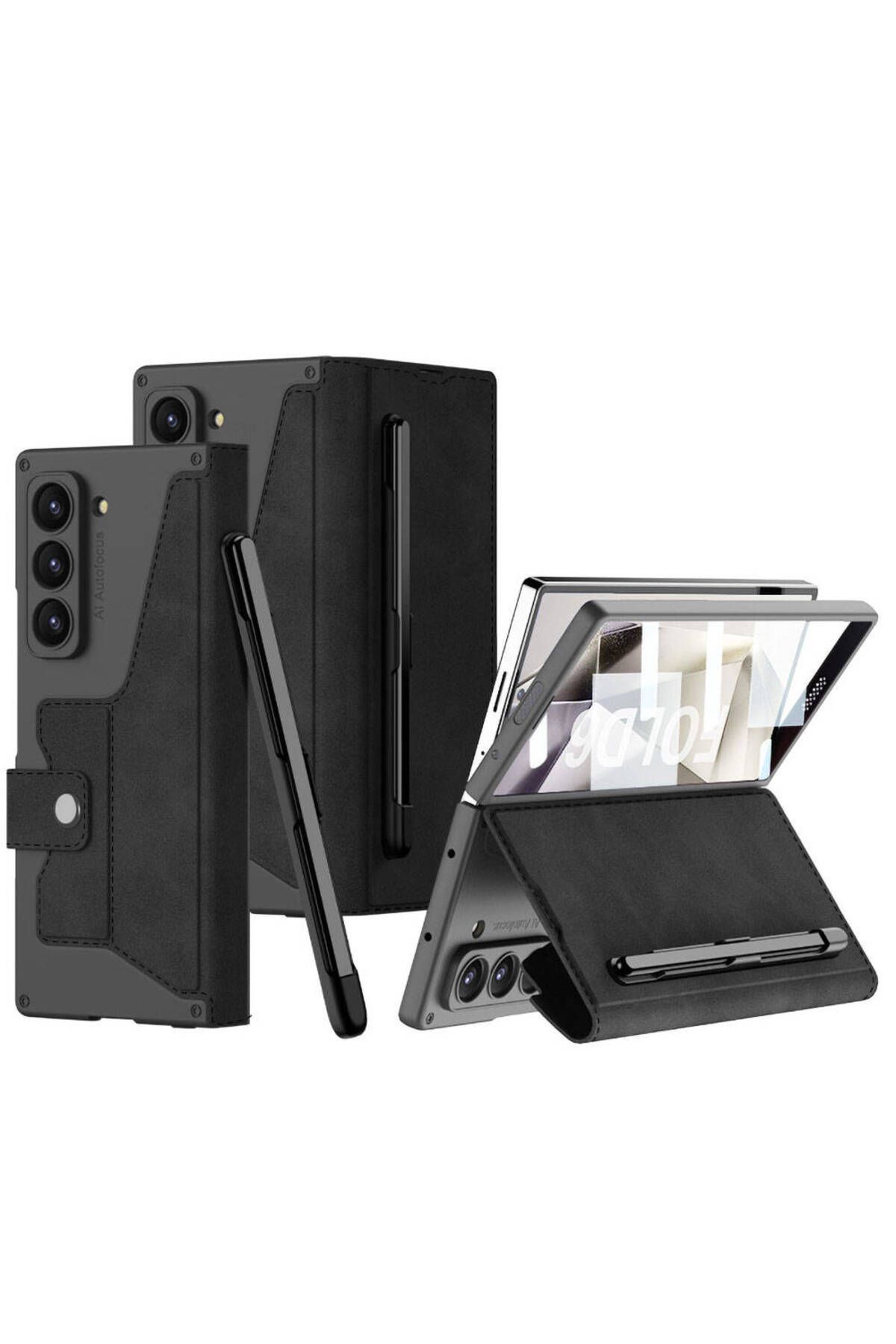 Megafox Teknoloji Samsung Galaxy Z Fold 6 Uyumlu Kılıf Kamera Korumalı Kadife Tasarımlı Zore Kıpta Kalem Bölmeli Fest