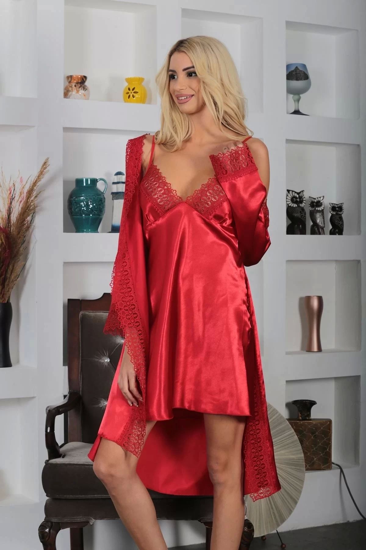 shopwave Kırmızı Saten Gecelik - 1703