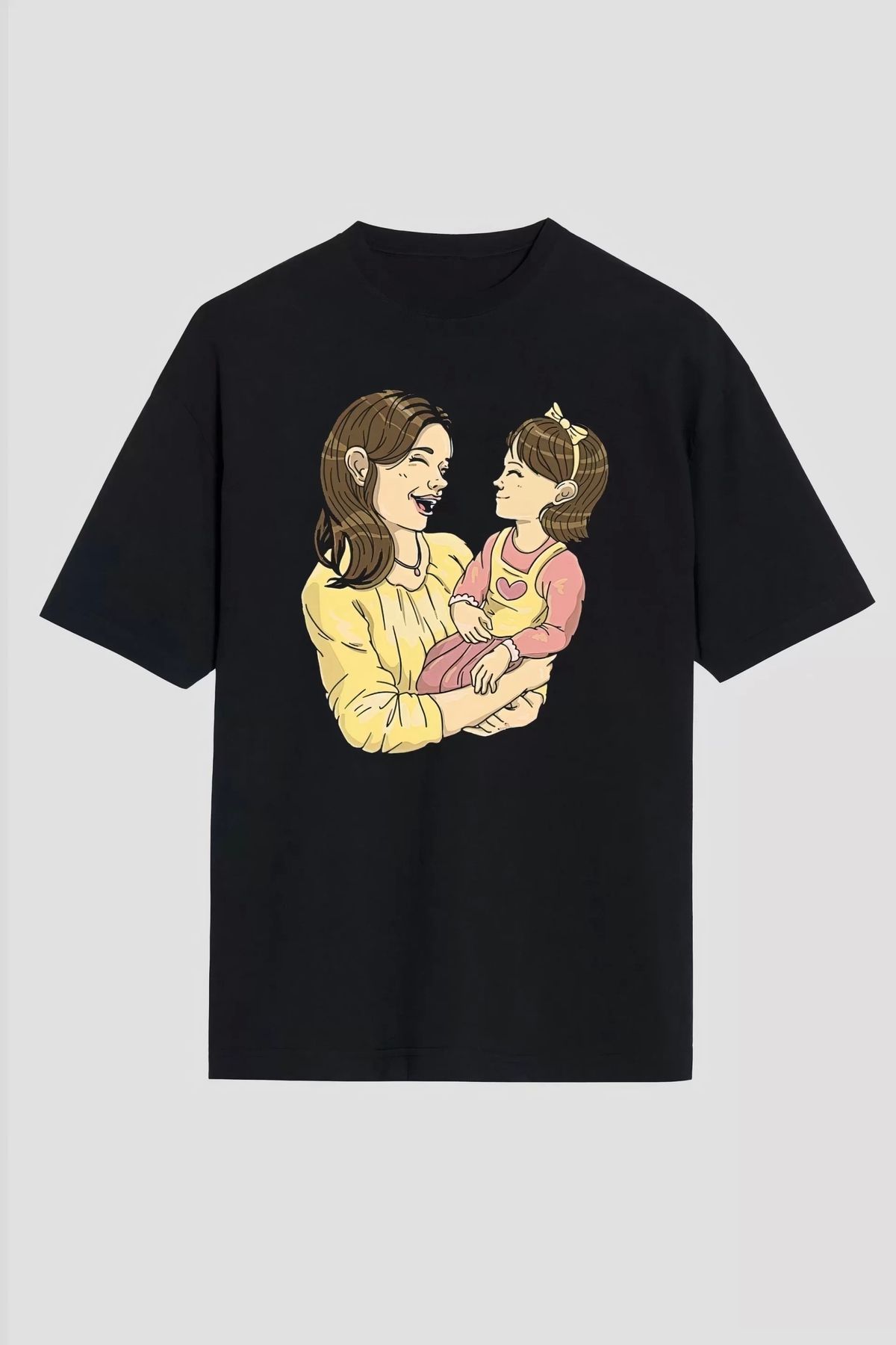 AE Stil Anneler Gününe Özel Tasarım Anne Kız Baskılı T-shirt - Siyah