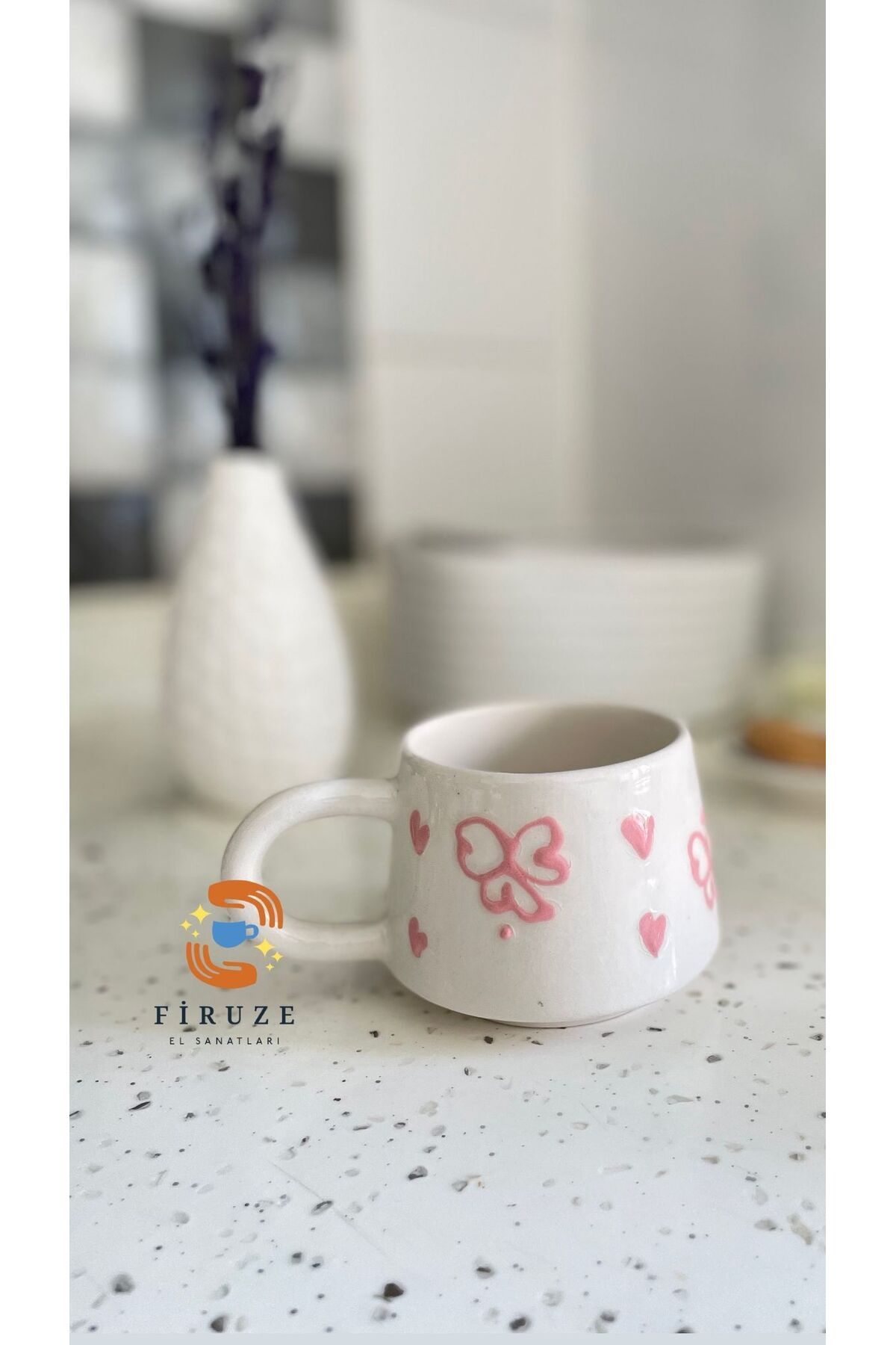 Firuze el sanatları Pembe Kurdele Desenli El Dekoru Seramik Kupa