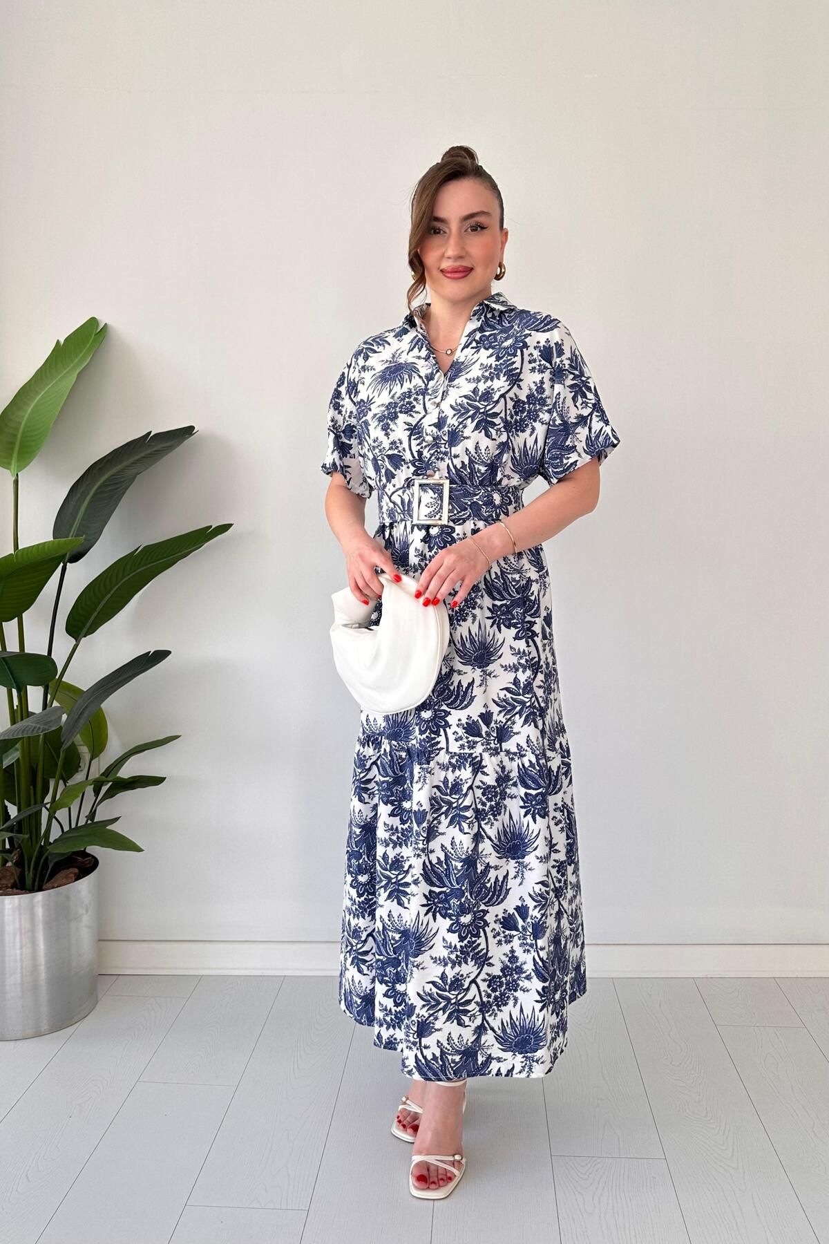 MaziButik Kemerli Floral Elbise Lacivert