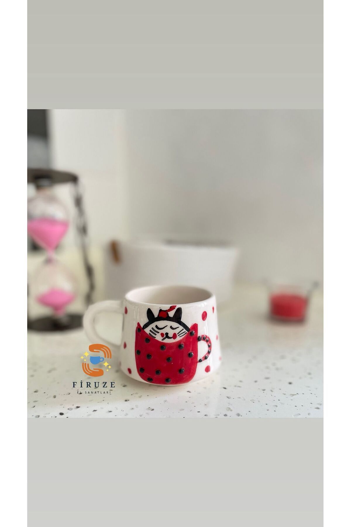 Firuze el sanatları Tatlı Kedi Desenli El Dekoru Seramik Kupa