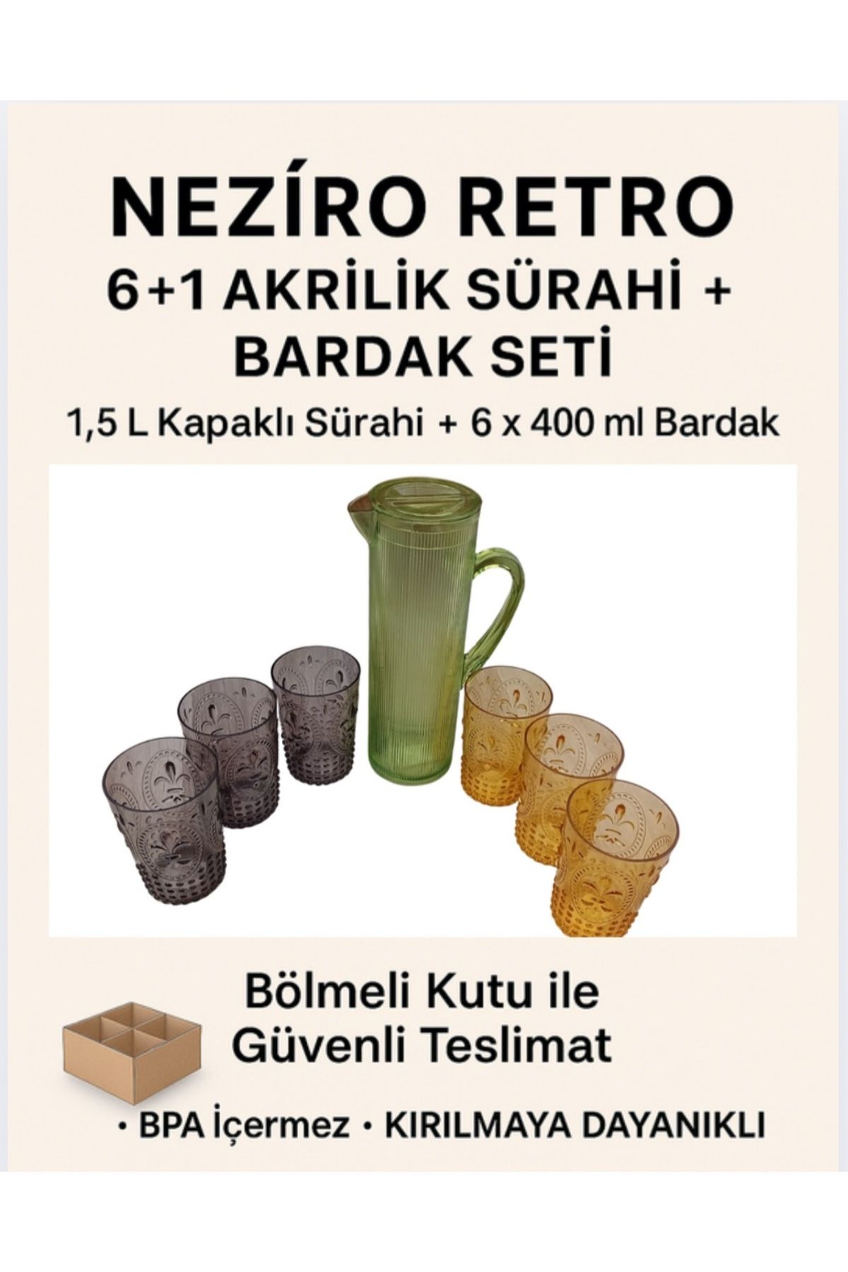 Avantaj Kapıda Neziro Retro 6+1 Akrilik Sürahi Bardak Seti 1,5L Kapaklı BPA İçermez Dayanıklı 400ml Renkli Bardak