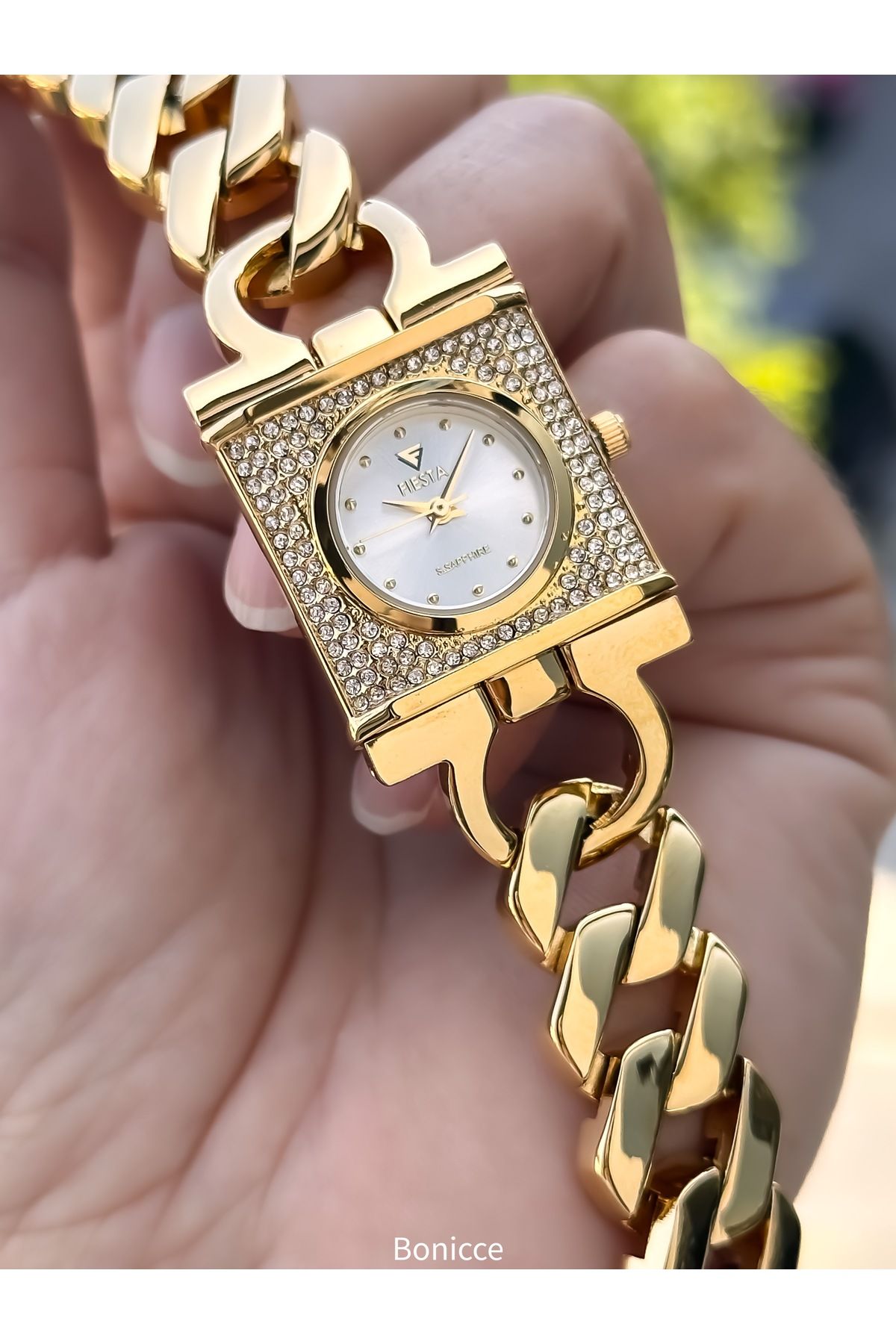 Fiesta Zincir ÇELİK Kordon, Sarı Gold ,Düğün, Nişan , Gelin Saati Kadın Saat Bileklik Hediyeli