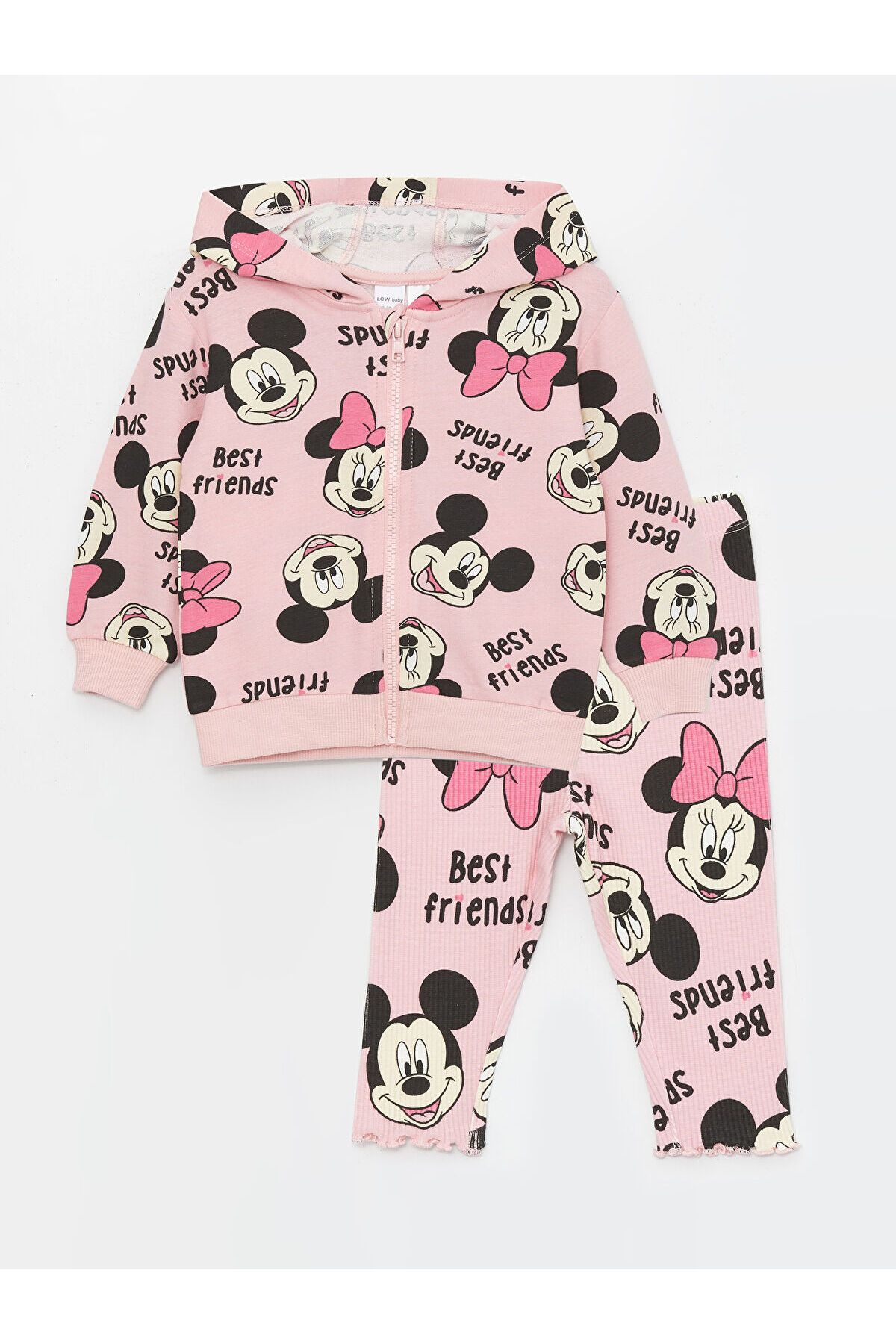 LC Waikiki Kapüşonlu Minnie Mouse Baskılı Kız Bebek Hırka ve Tayt 2'li Takım