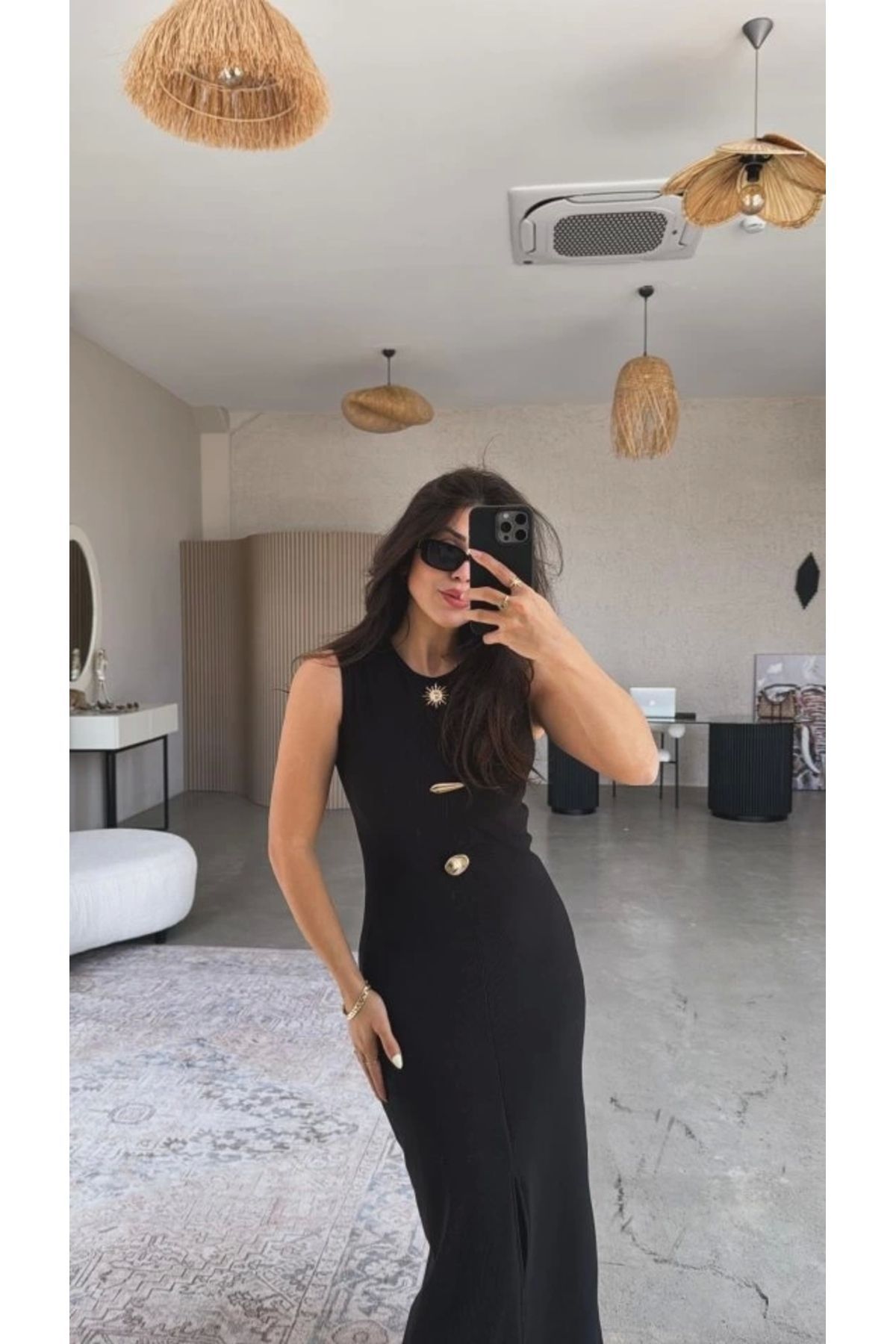 Butik Kadın Bisiklet Yaka Broş Detay Yırtmaçlı Maxi Boy Ottoman Elbise