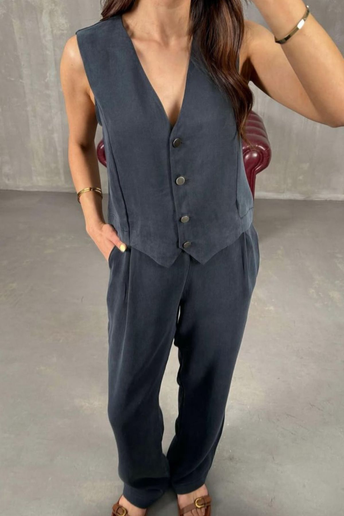 adba style 4018 Kadın Modal Kumaş Dokuma Yelekli Palazzo Takım