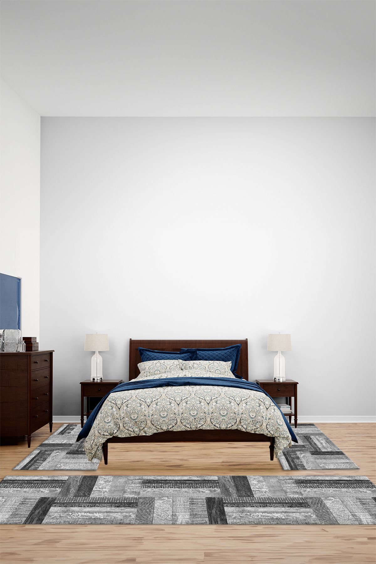 Viyana Home Dijital Baskılı Kaymaz Yıkanabilir Patchwork Desen Üçlü Yatak Odası Halısı, YO-PATCHWORK-57-GRİ,