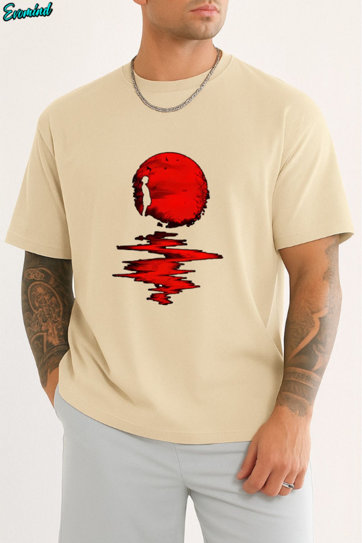 Evomind Kırmızı Dolunay Baskılı Unisex T-shirt