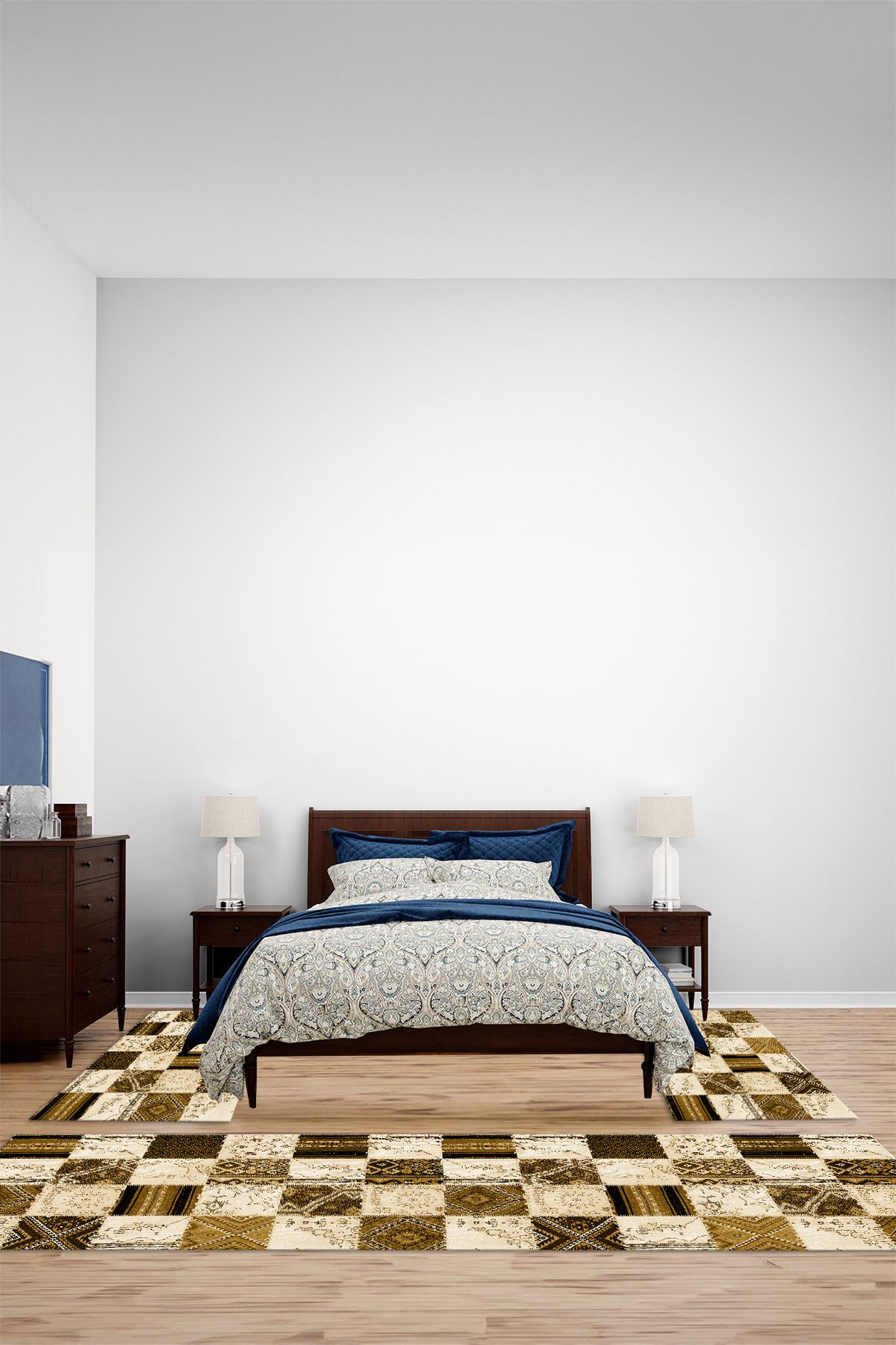 Viyana Home Dijital Baskılı Kaymaz Yıkanabilir Patchwork Desen Üçlü Yatak Odası Halısı, YO-PATCHWORK-43-KAHVE,